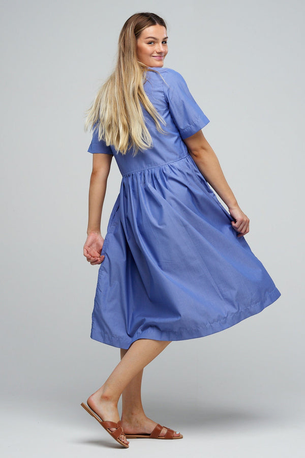 Crew Neck Gathered Dress - Blue Chambray - Community Clothing