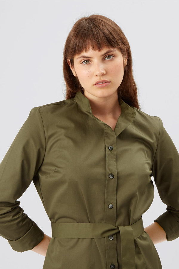 Women s Collarless Shirt Dress Olive Community Clothing