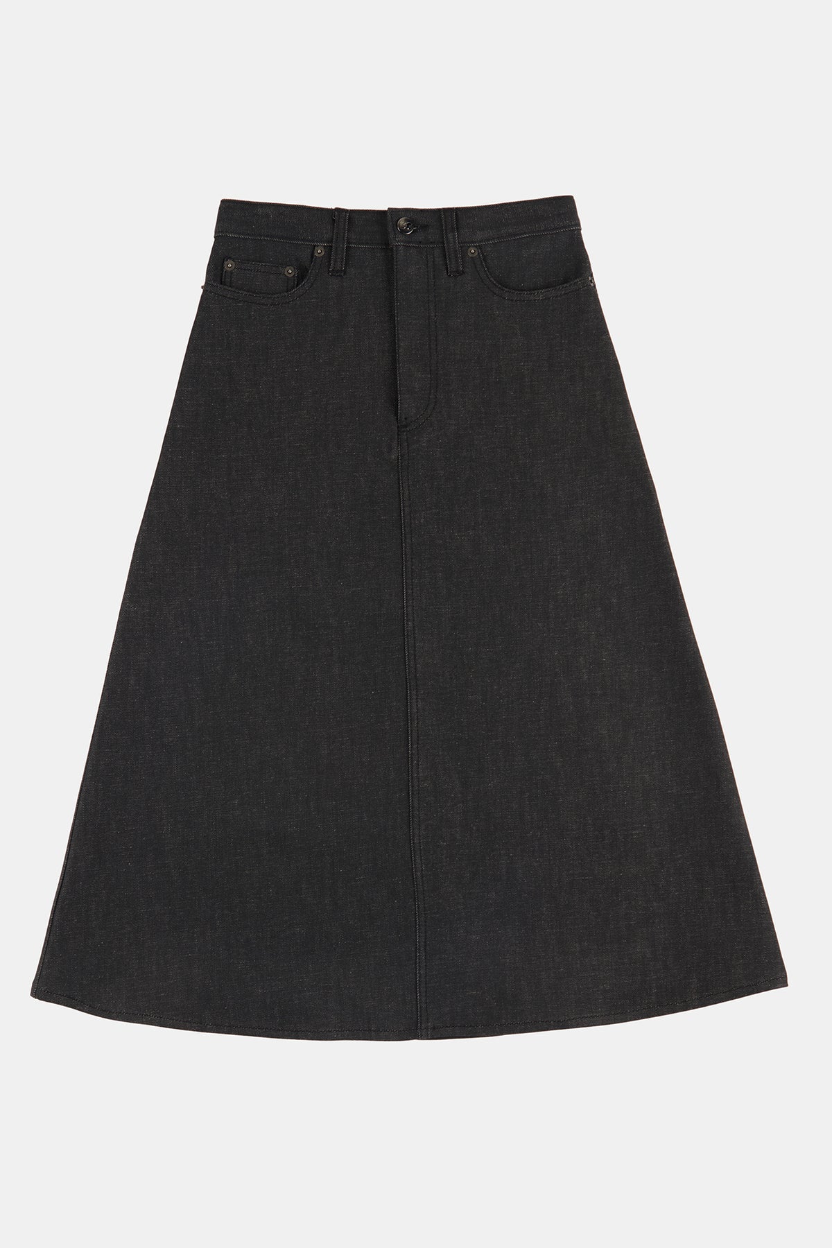 
            Flatlay product shot of women&#39;s Bobbie denim A Line Skirt in black