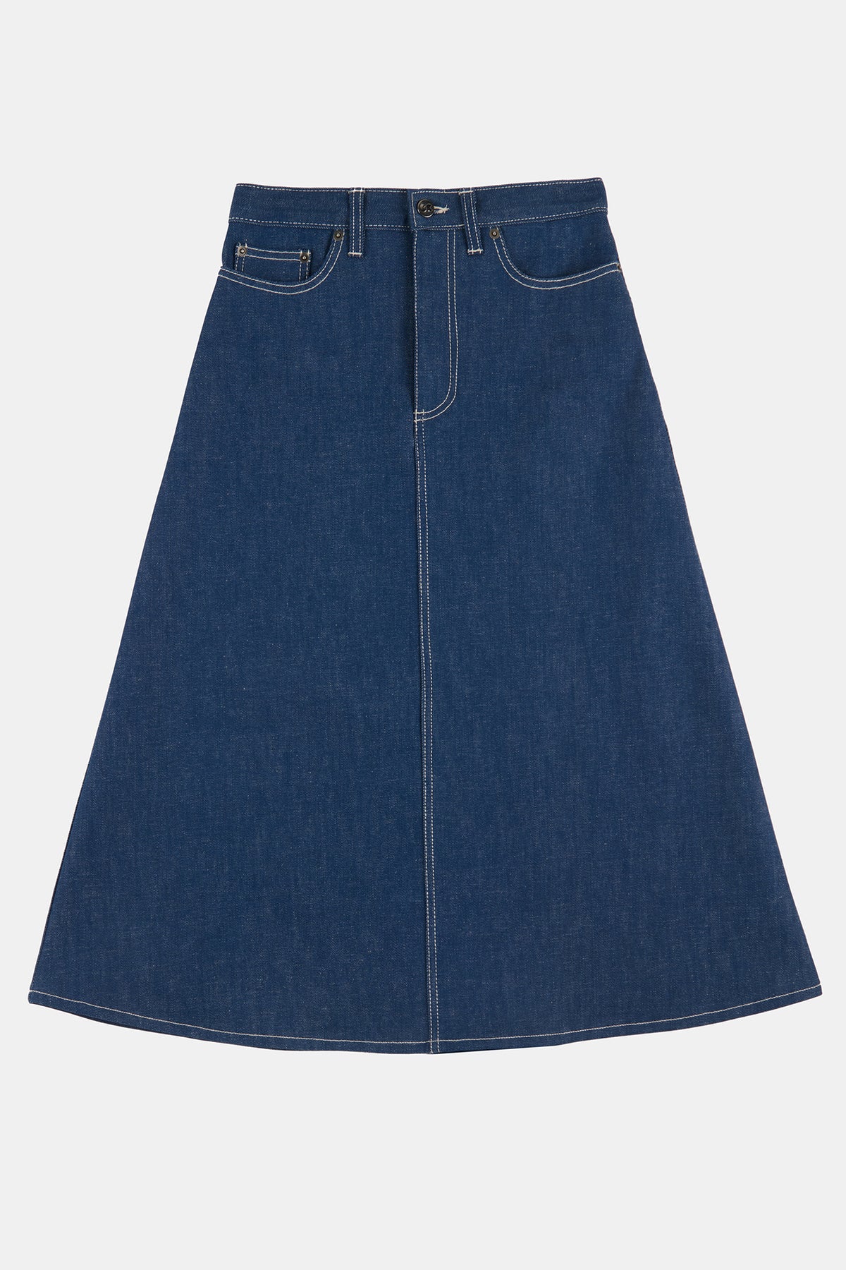 
            Flatlay product shot of women&#39;s Bobbie Denim A Line Skirt with contrast stitching 