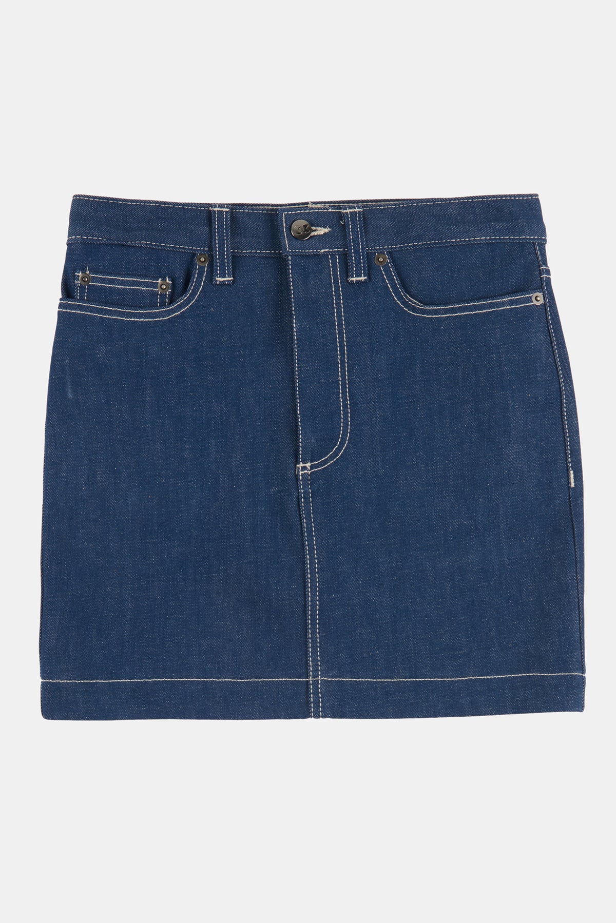 
            Flatlay product shot of women&#39;s Charlie Denim Mini Skirt in blue