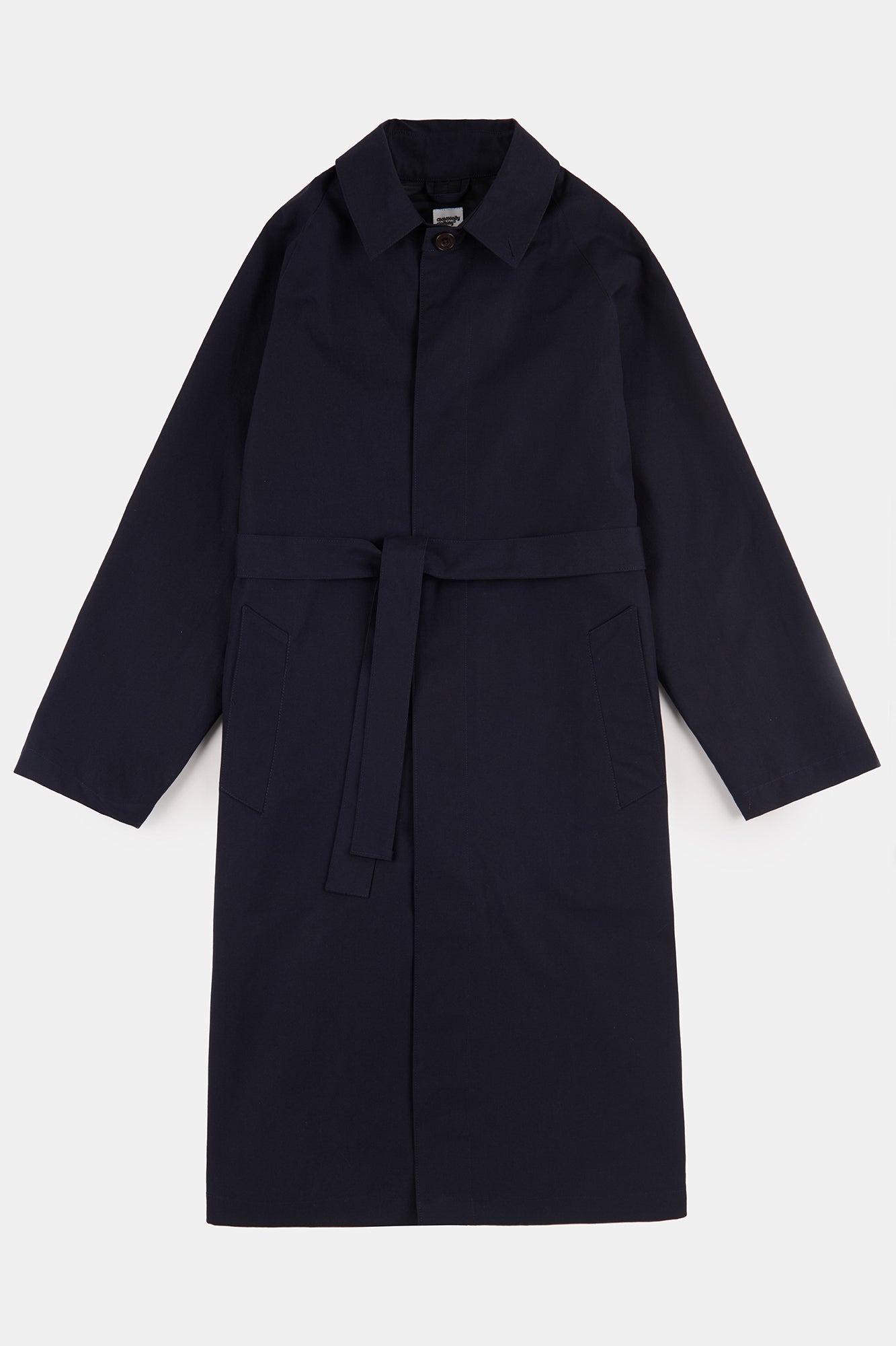 Flatlay product shot of women's Frances Belted Raglan Raincoat in navy