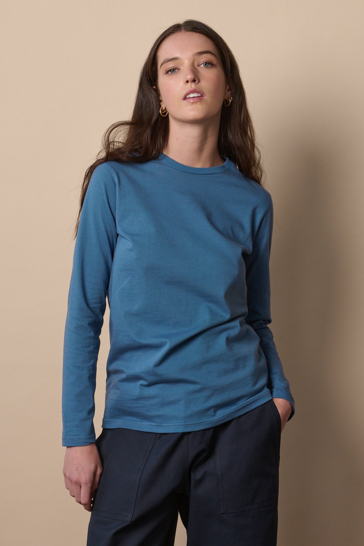 
            female wearing long sleeve t shirt in raf blue