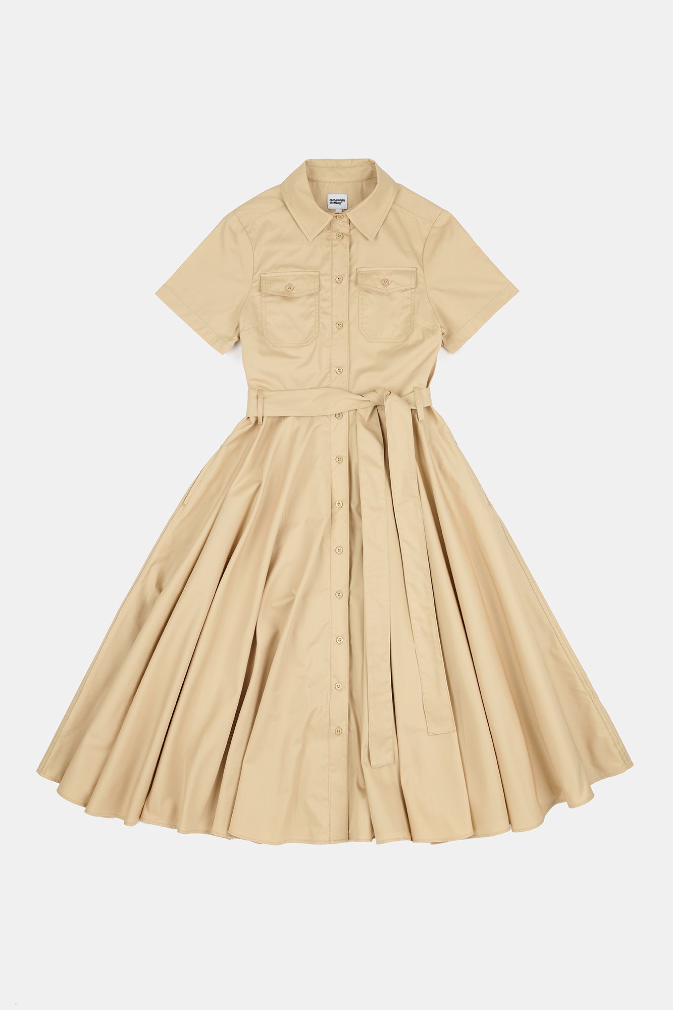 Flatlay product image of full skirted phoebe trench dress in stone