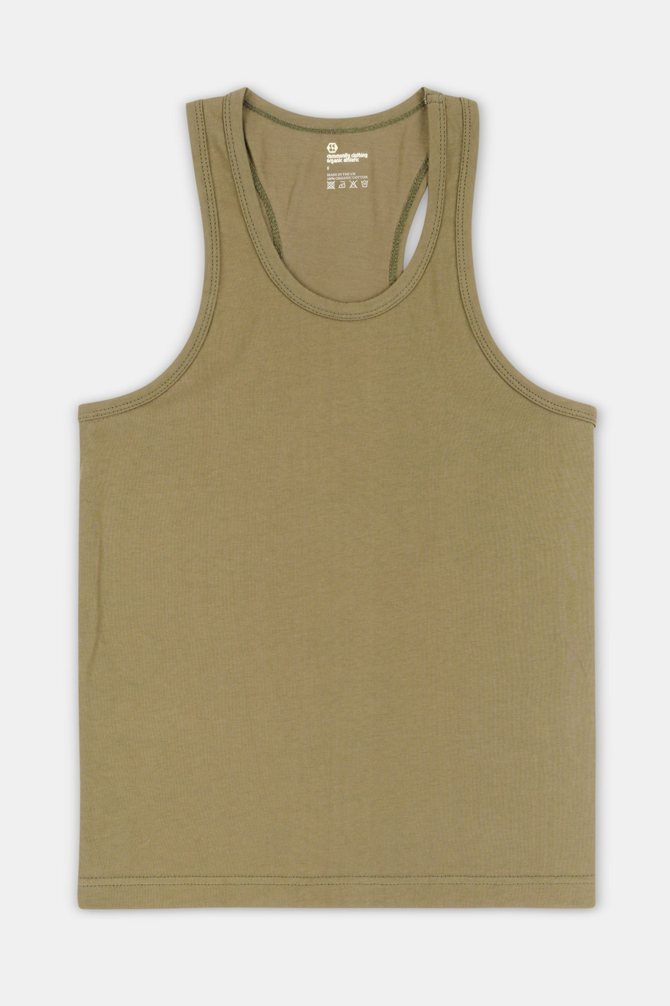 Flatlay of women's plastic free racer back vest in olive