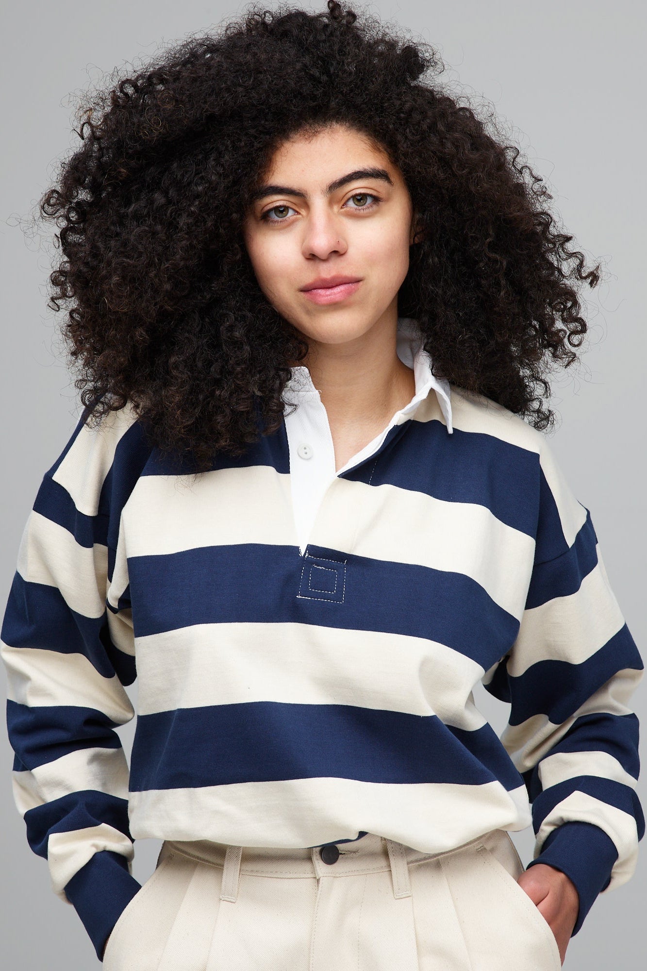 Narrow Stripe Rugby Shirt - Ecru/Navy
