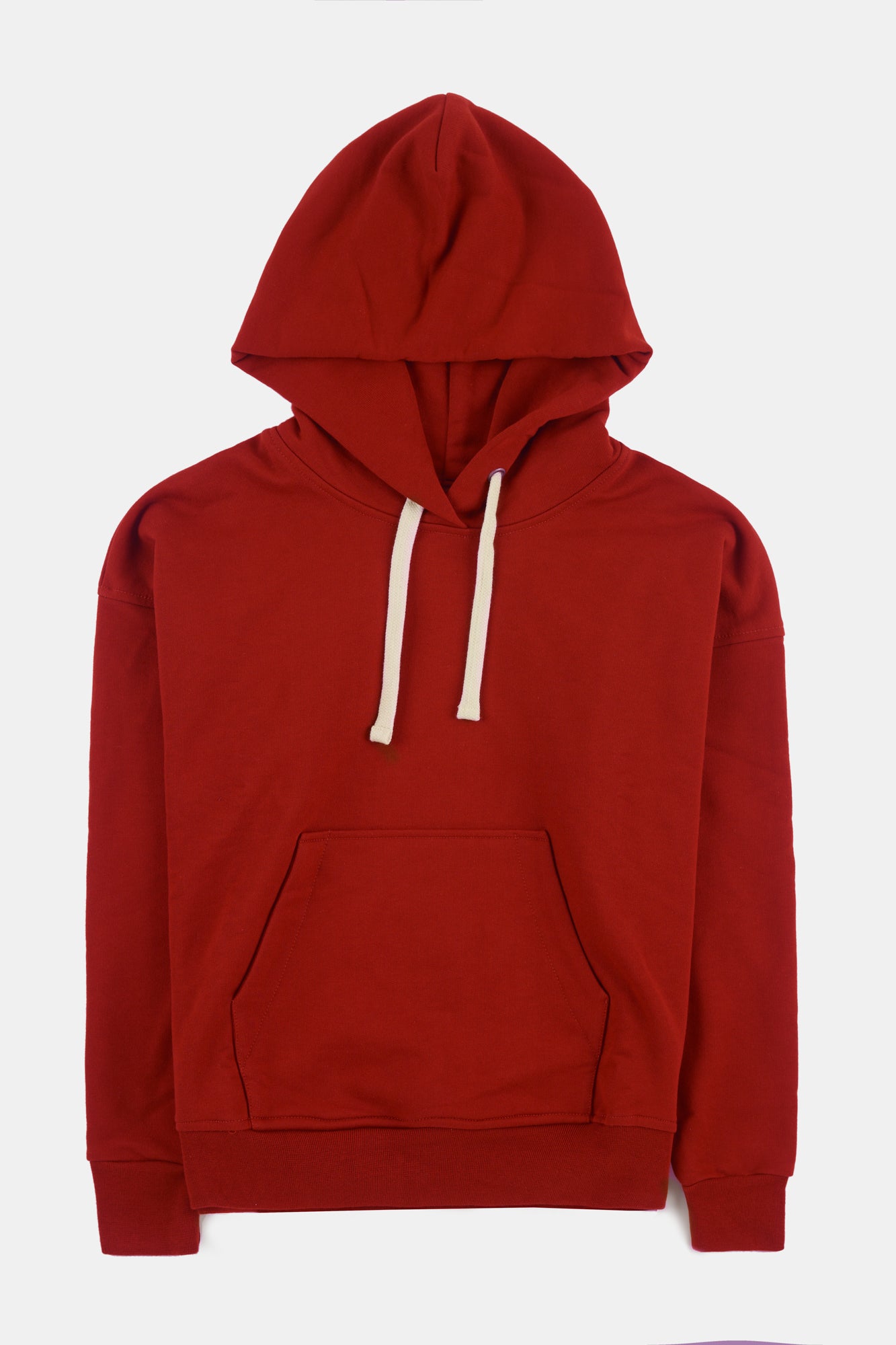 Flatlay product shot of men's hooded sweatshirt in crimson