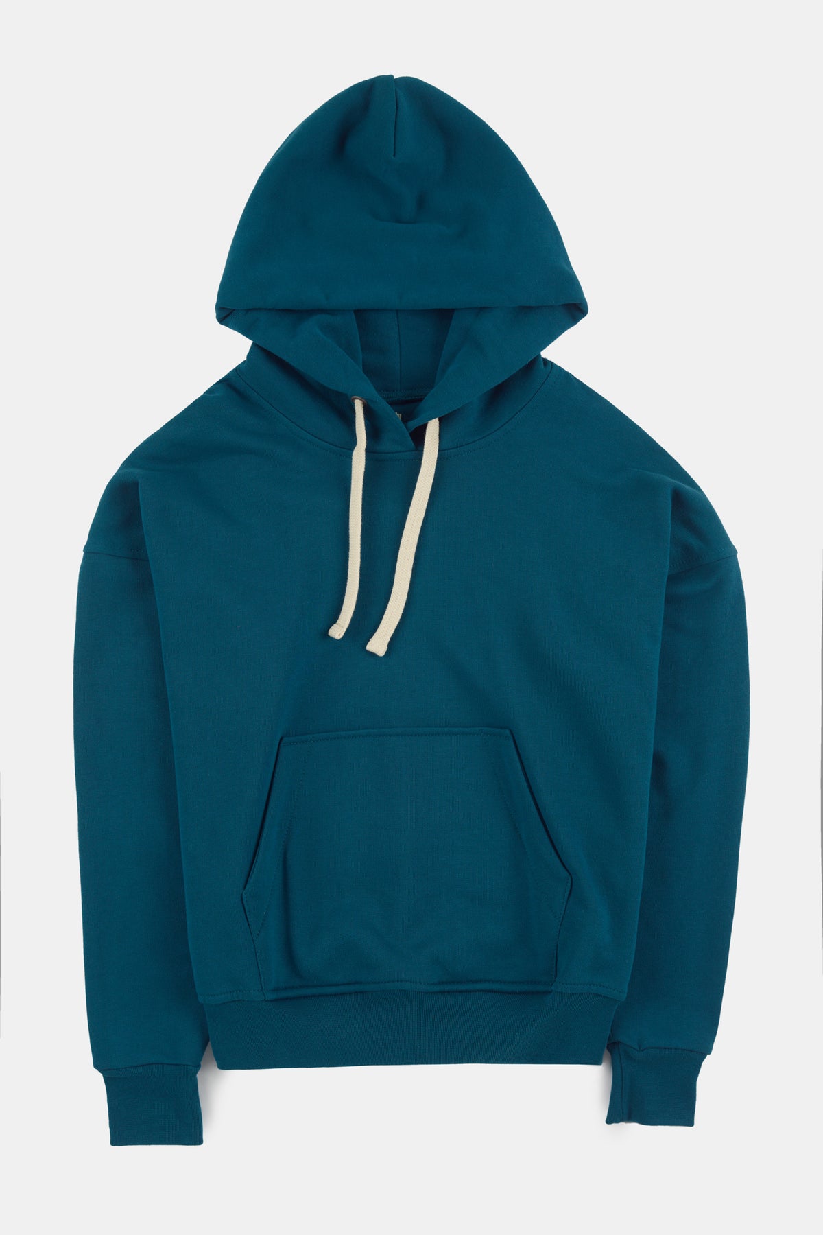 
            Flatlay product shot of hooded sweatshirt in teal