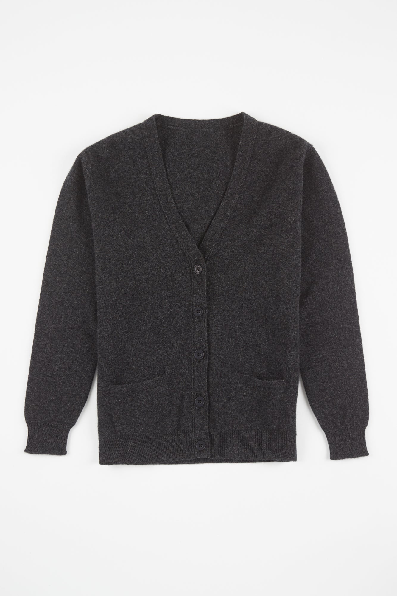 Flatlay product shot of women's lambswool cardigan in charcoal