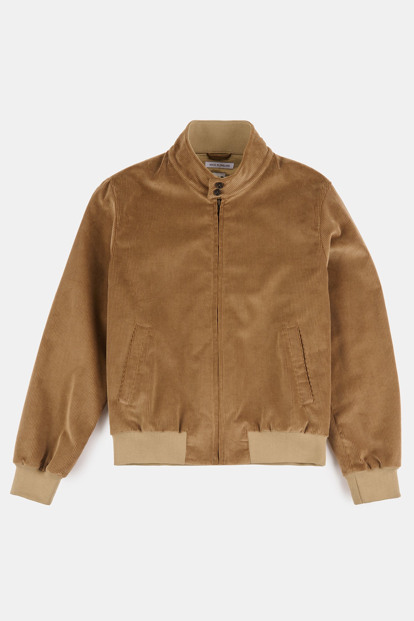 Flatlay product shot of men's corduroy Harrington jacket in stone