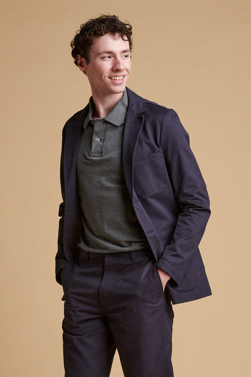 Male wearing dark navy James single breasted blazer.
