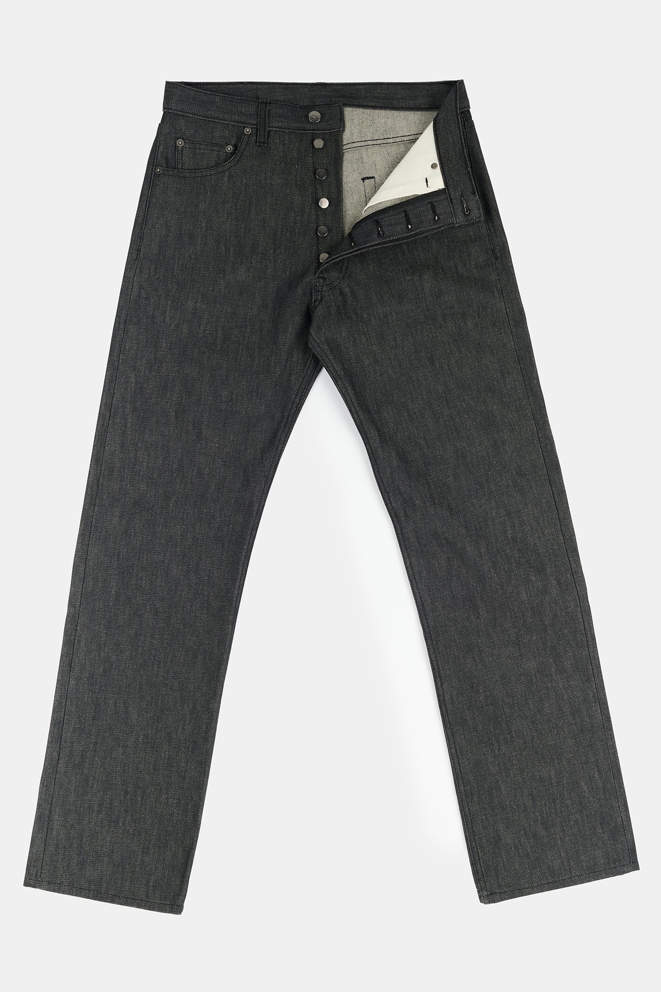 Flatlay product image of men's loose fit button fly Arun jeans in black