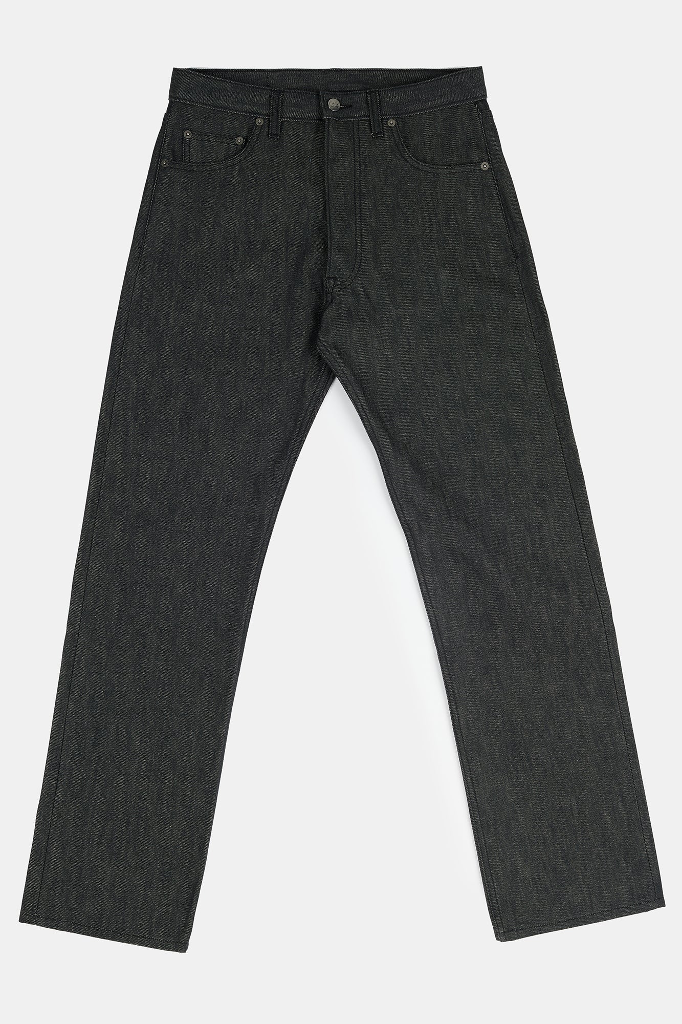 Flatlay product image of men's loose fit button fly Arun jeans in black