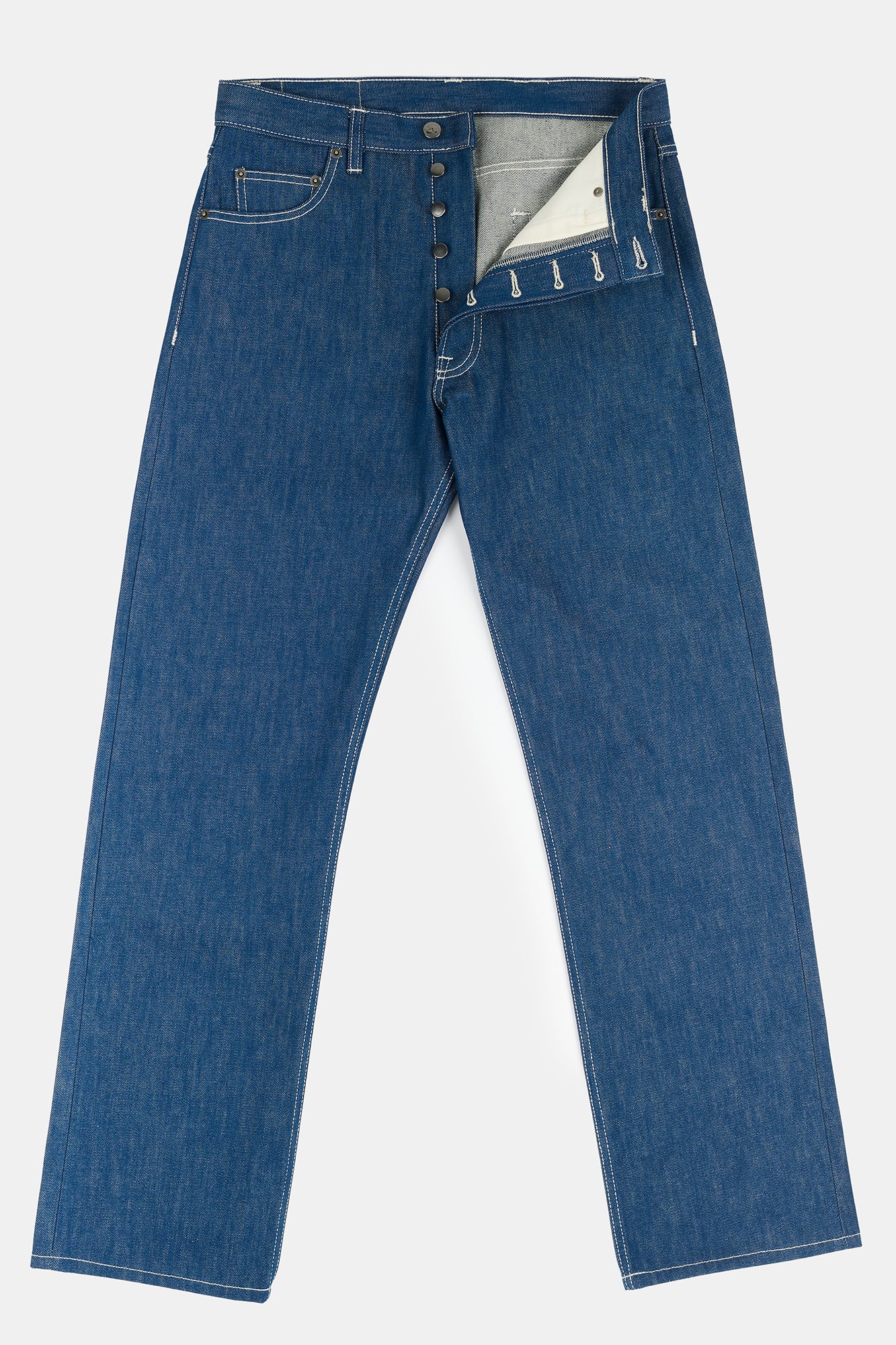 Flatlay product image of men's loose fit button fly Arun jean in blue