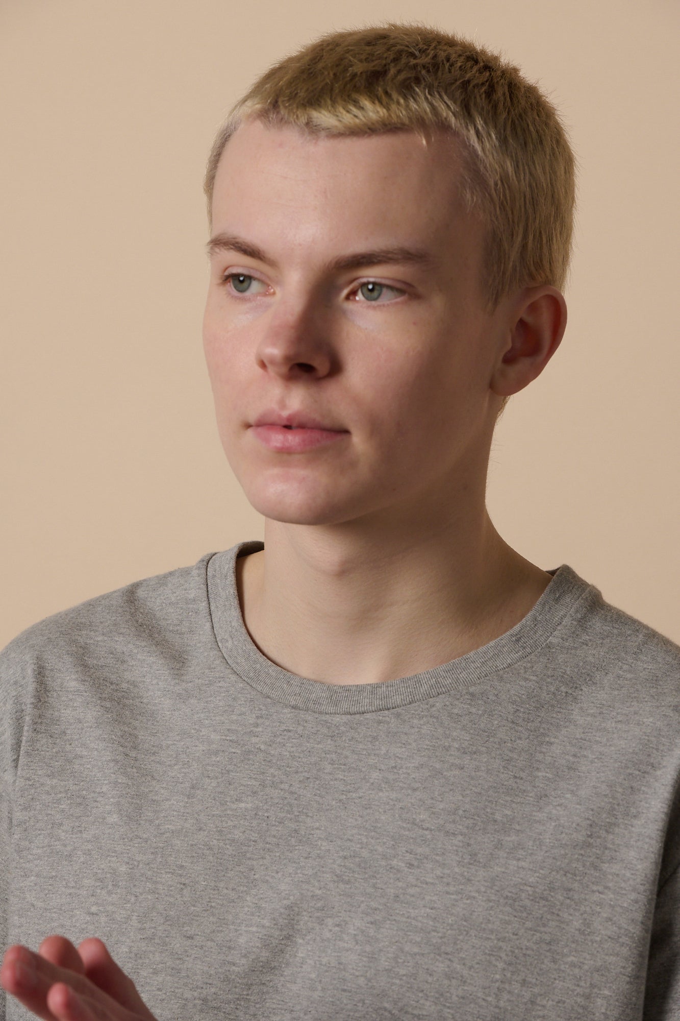 Portrait of white with short blonde hair wearing crew neck short sleeve t shirt in grey