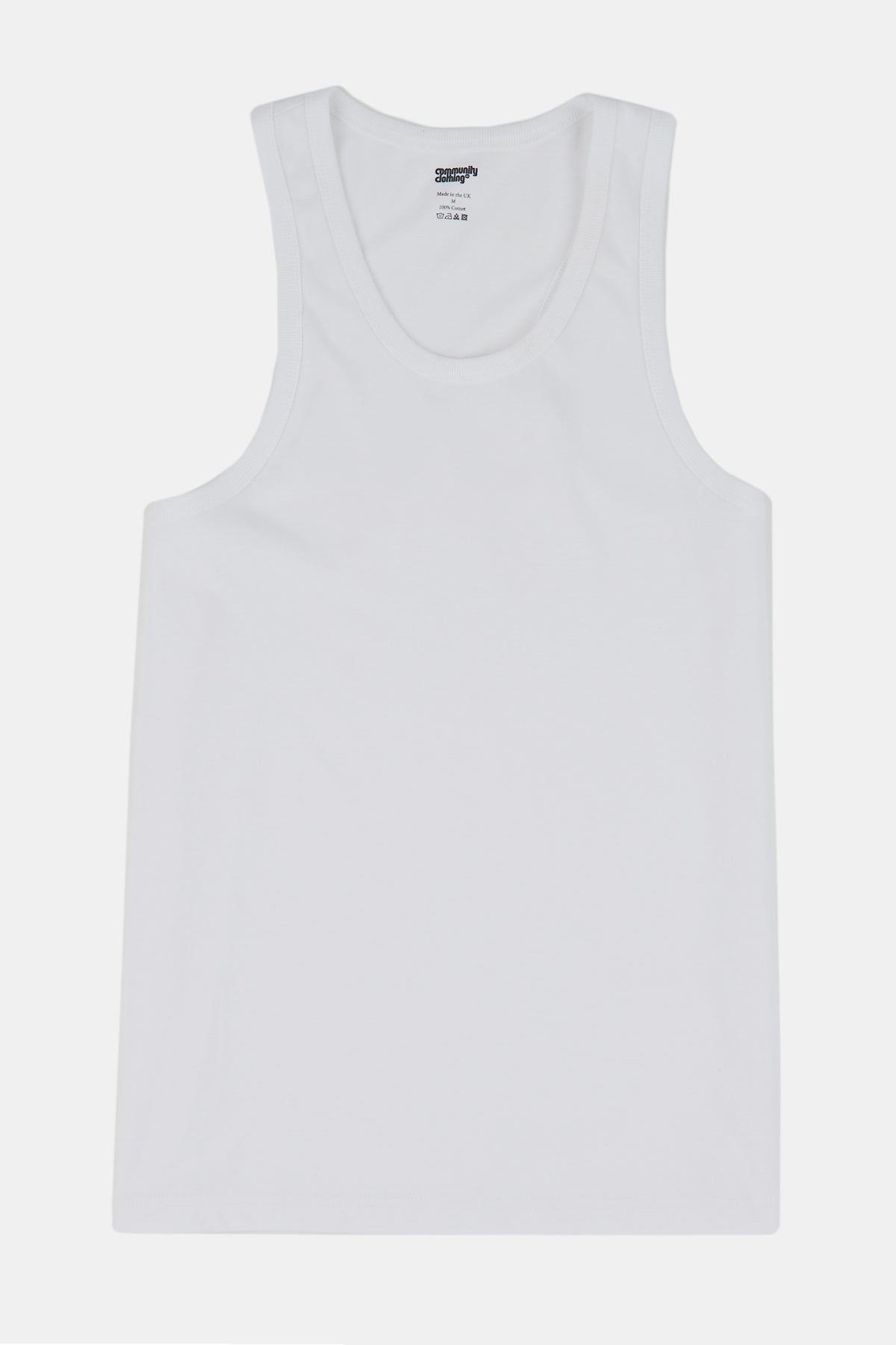 
            Flatlay product shot of men&#39;s racer back vest plastic free in white