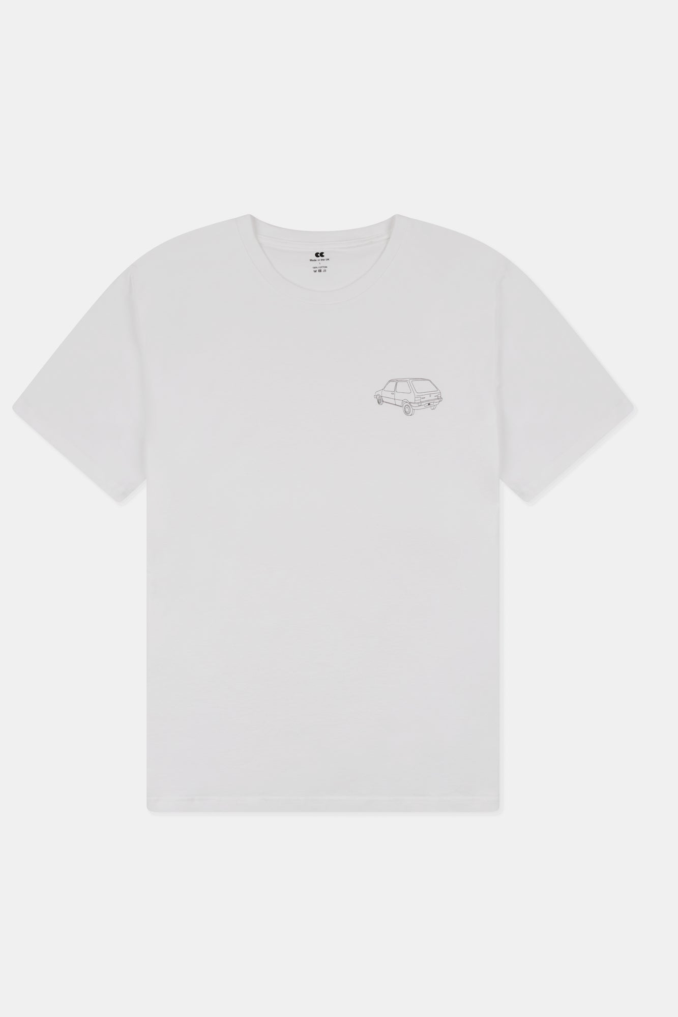 White t shirt with a small car graphic on a white background.