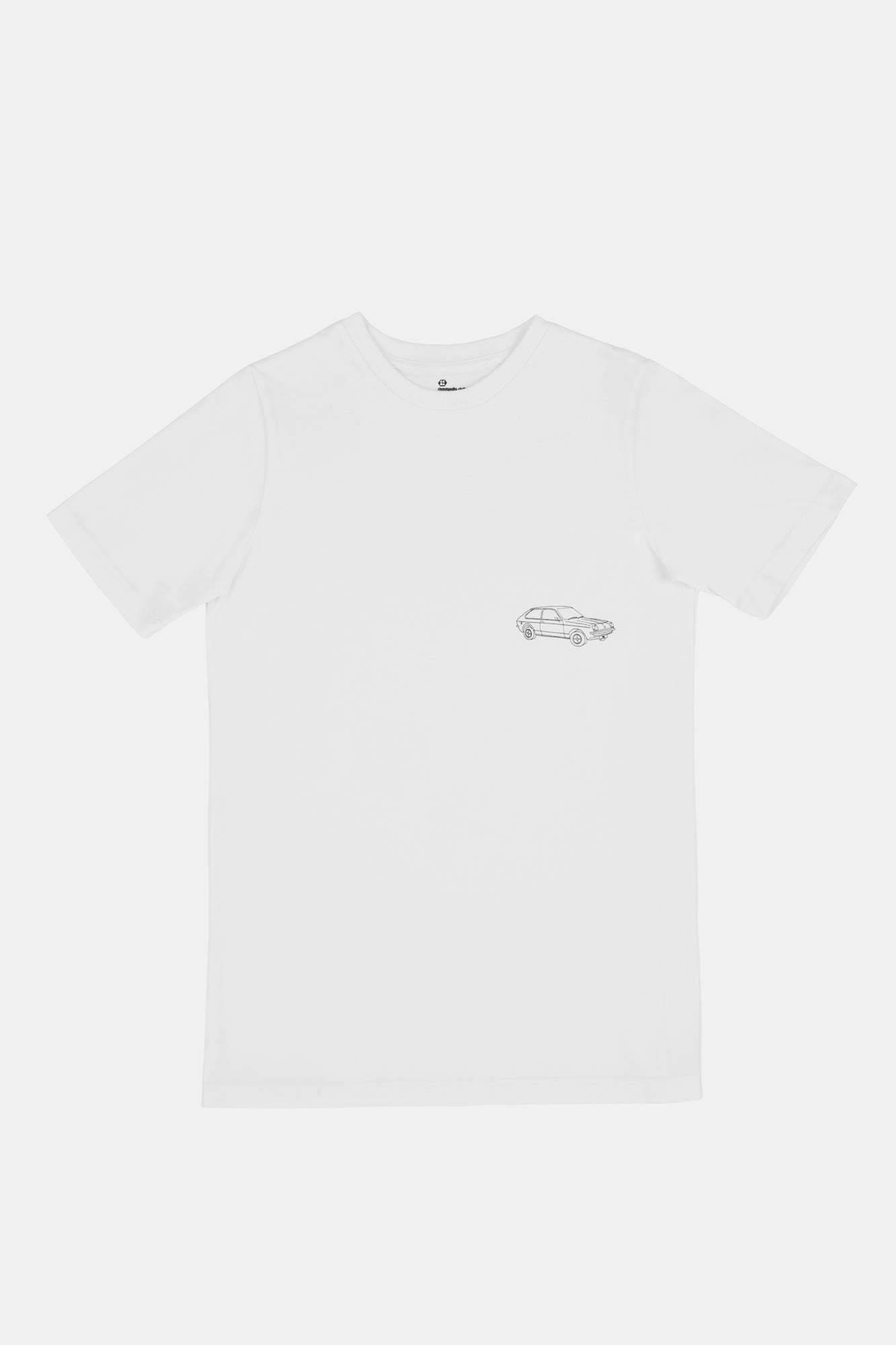 White t shirt with a small car print on a white background
