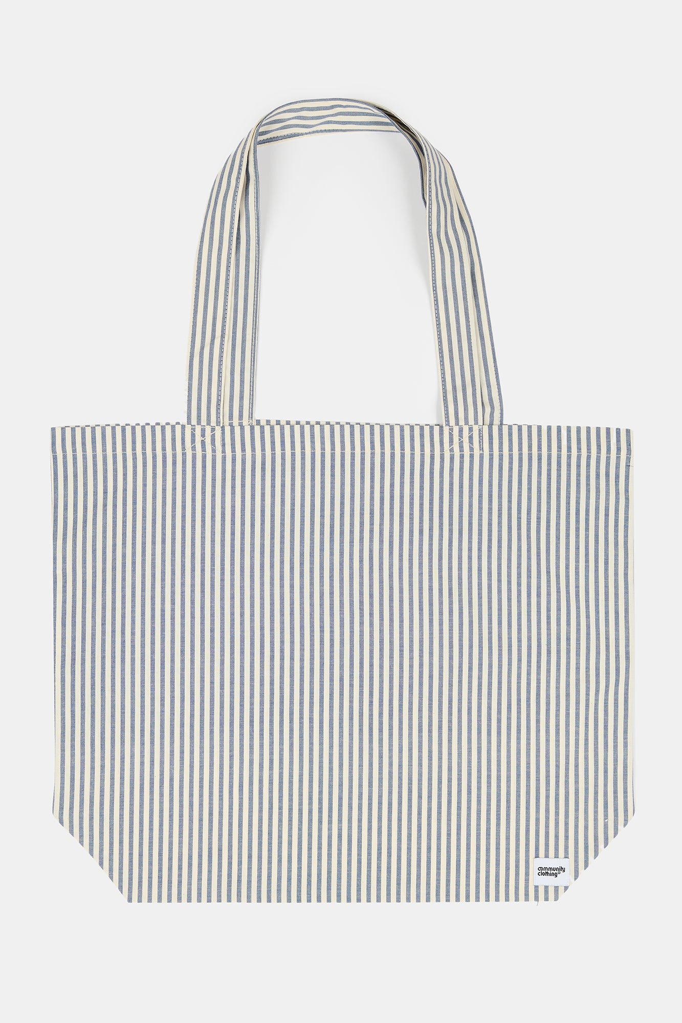 Flatlay product image of unisex stripe tote bag in navy and wide