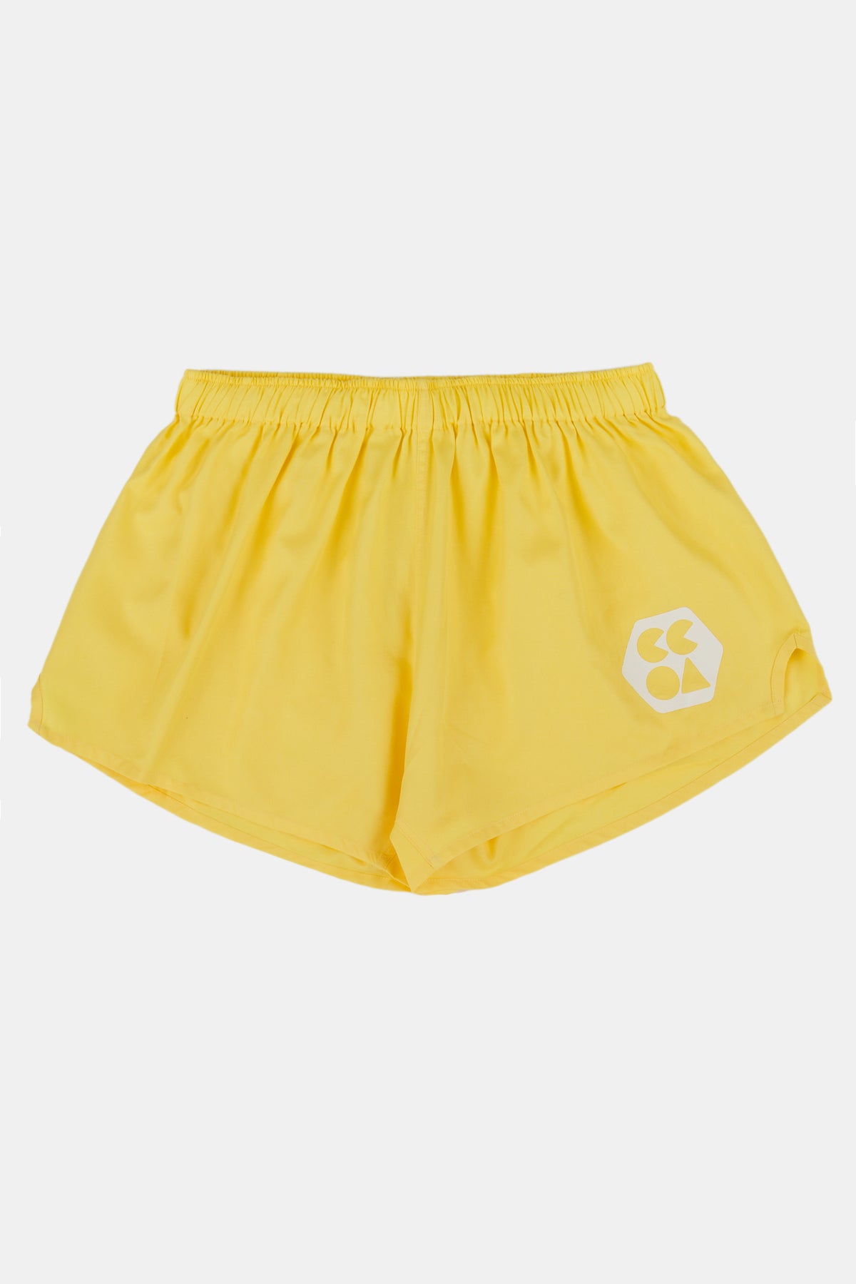 
            Flatlay product shot of women&#39;s lightweight sports short plastic free canary yellow with CCOA logo
