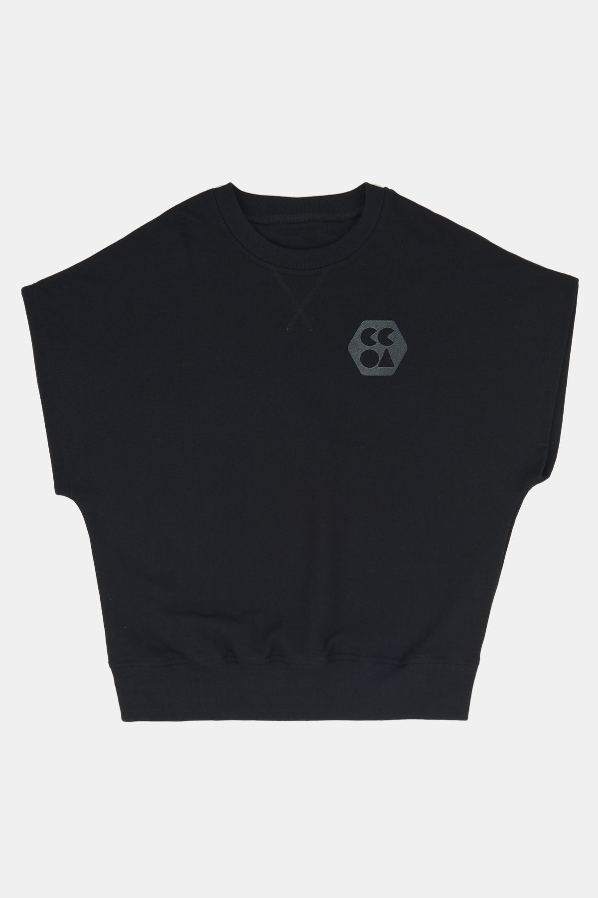 
            Flatlay product shot of sleeveless sweatshirt plastic free in black