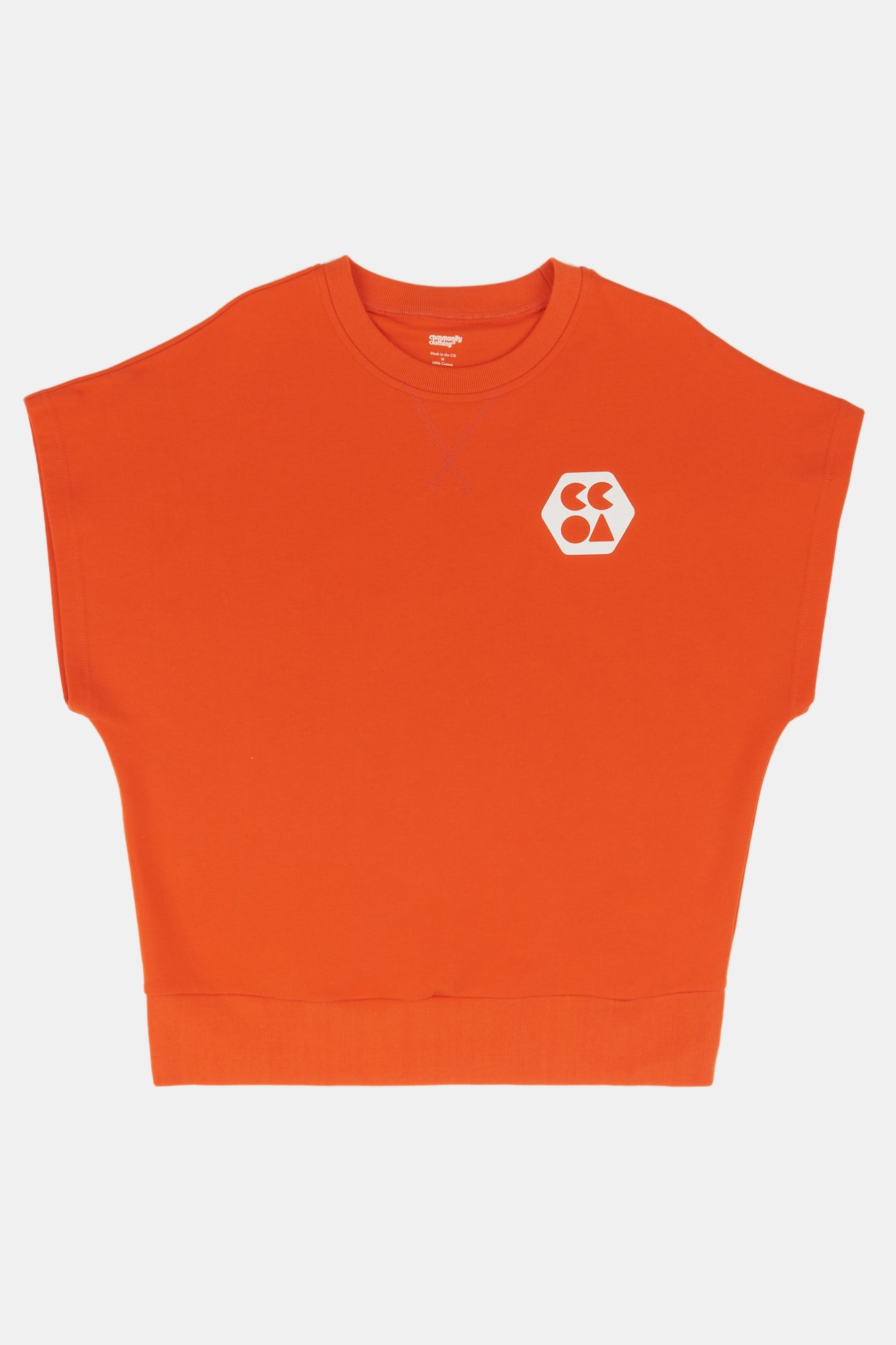 Flatlay product shot of sleeveless sweatshirt plastic free in flame red with white CCOA print logo