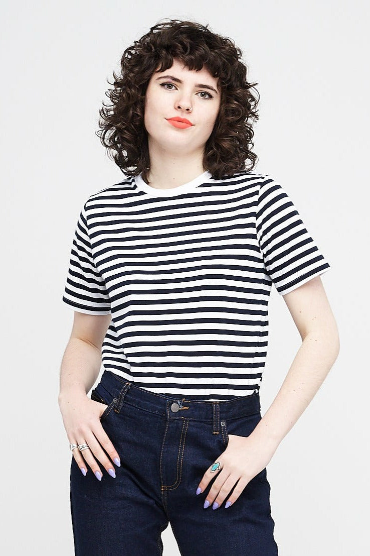 
            Women&#39;s Short Sleeve Stripe T-Shirt White/Navy - Community Clothing