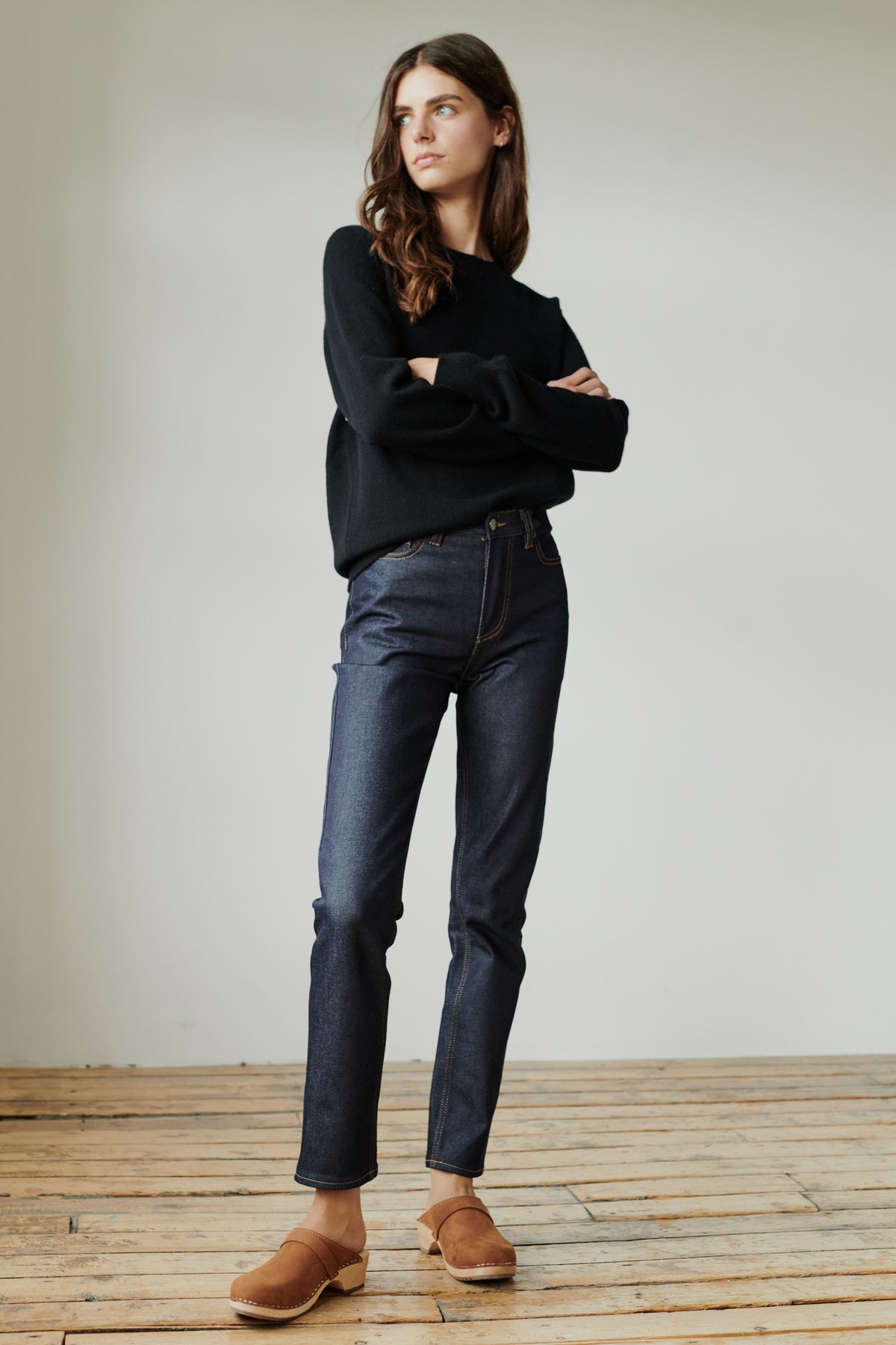 Full body image of straight leg high rise jean in indigo front