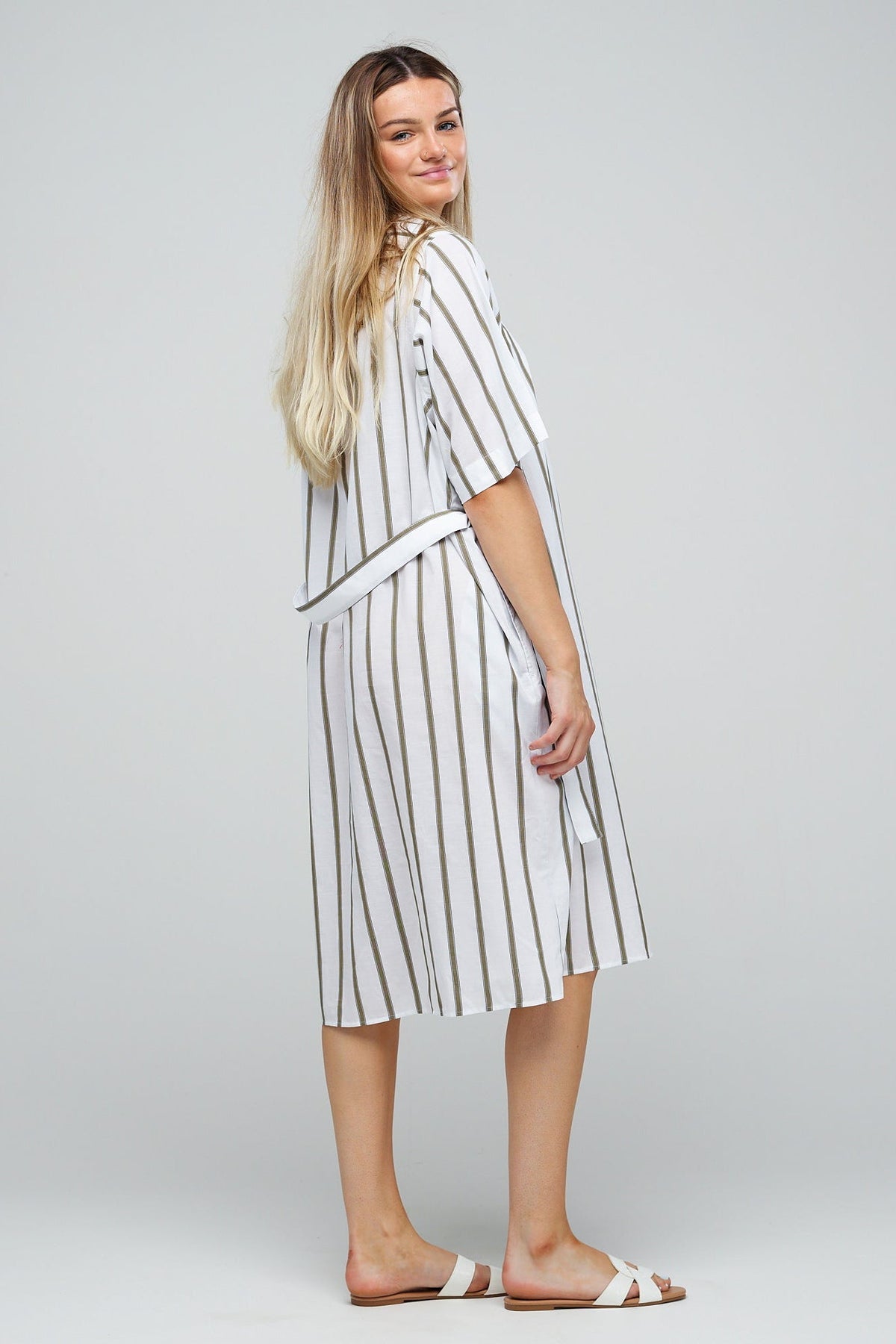 
            Cotton Dress - Straight - Khaki White Stripe - Community Clothing