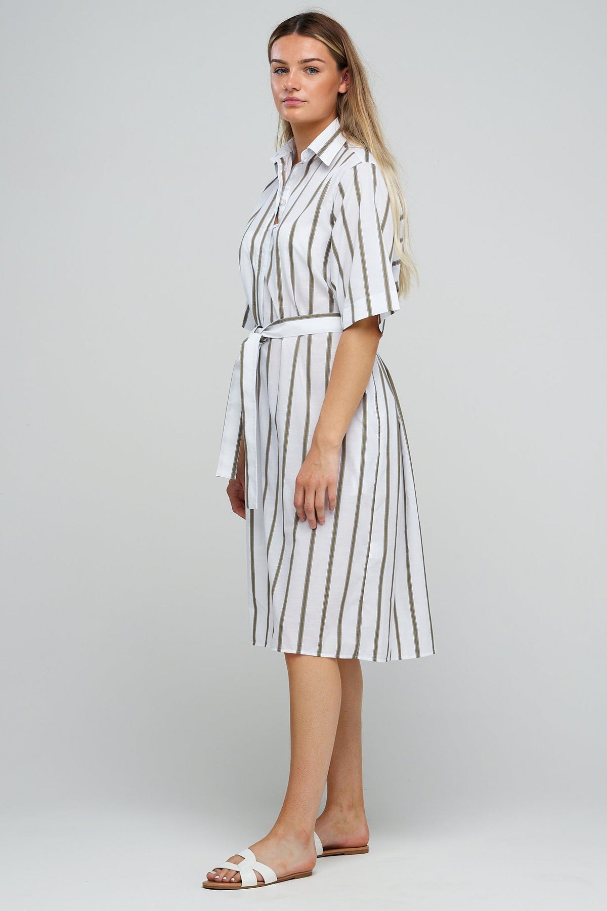 
            Cotton Dress - Straight - Khaki White Stripe - Community Clothing