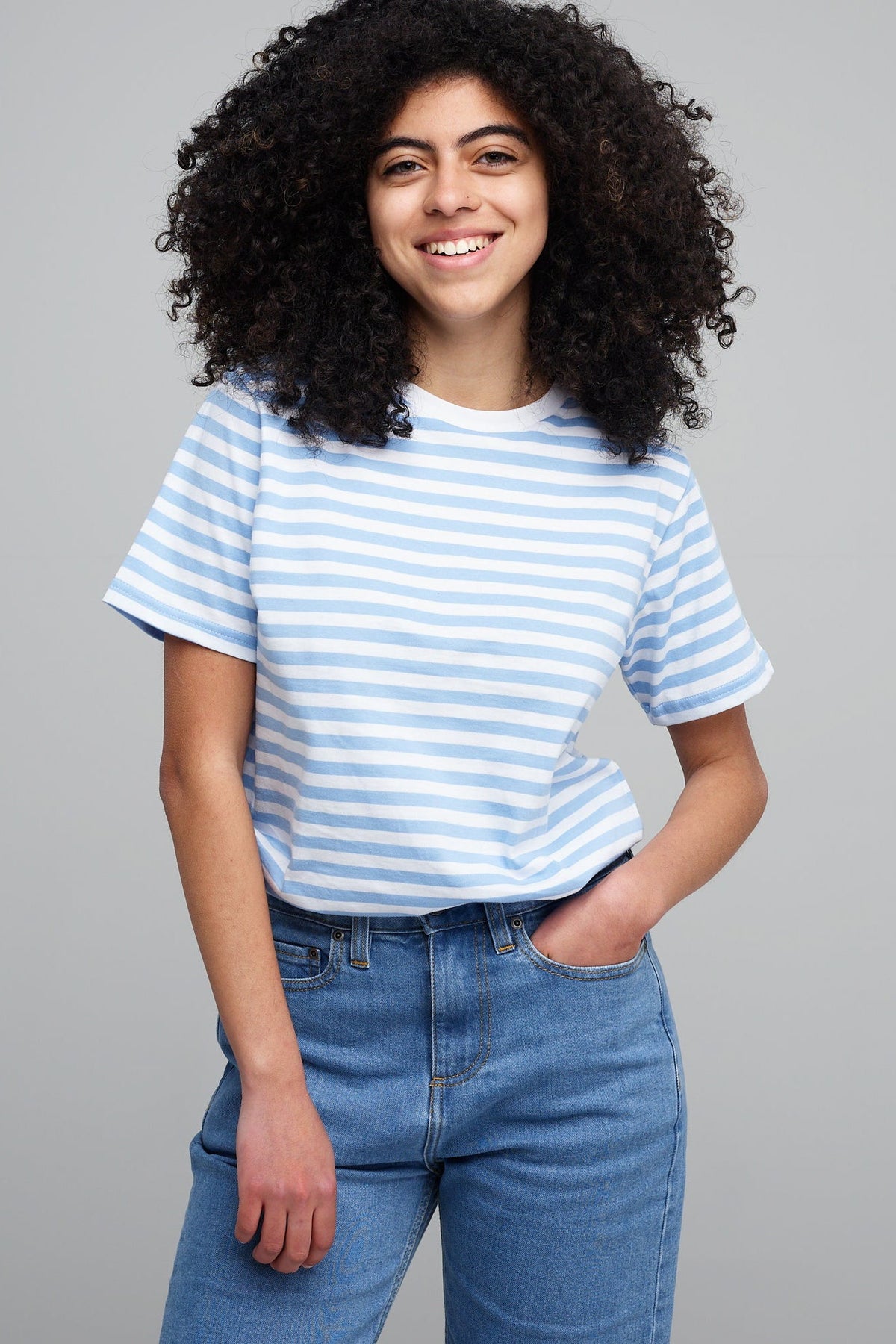 
            Women&#39;s Sky Blue/White Striped T-Shirt - Community Clothing