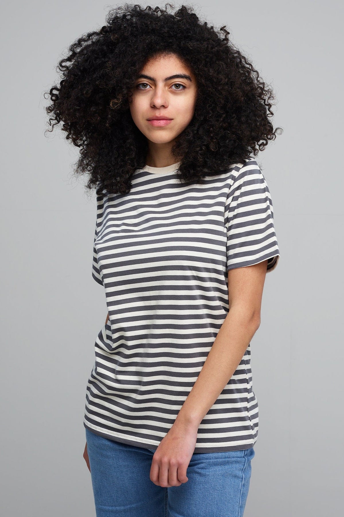 
            Women&#39;s Grey/Ecru Striped T-Shirt - Community Clothing