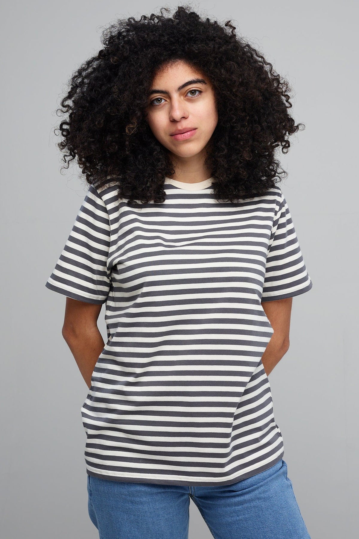 
            Women&#39;s Grey/Ecru Striped T-Shirt - Community Clothing