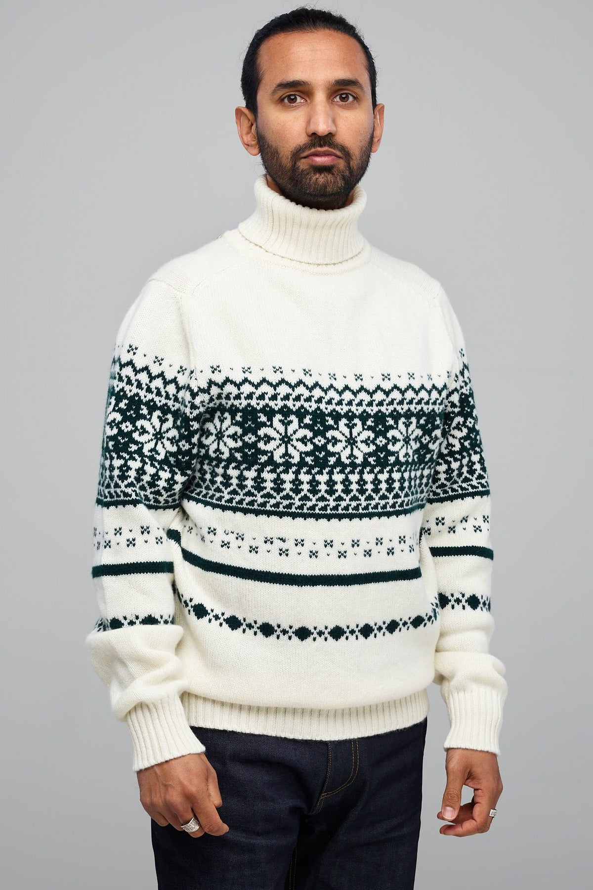 Men's Ecru and Bottle Fairisle Roll Neck - Community Clothing
