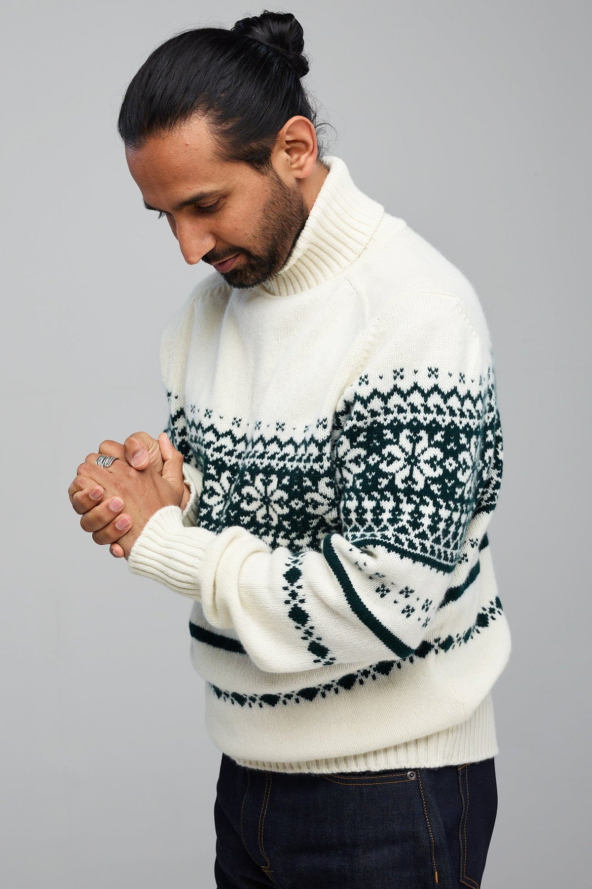 Men's Ecru and Bottle Fairisle Roll Neck - Community Clothing