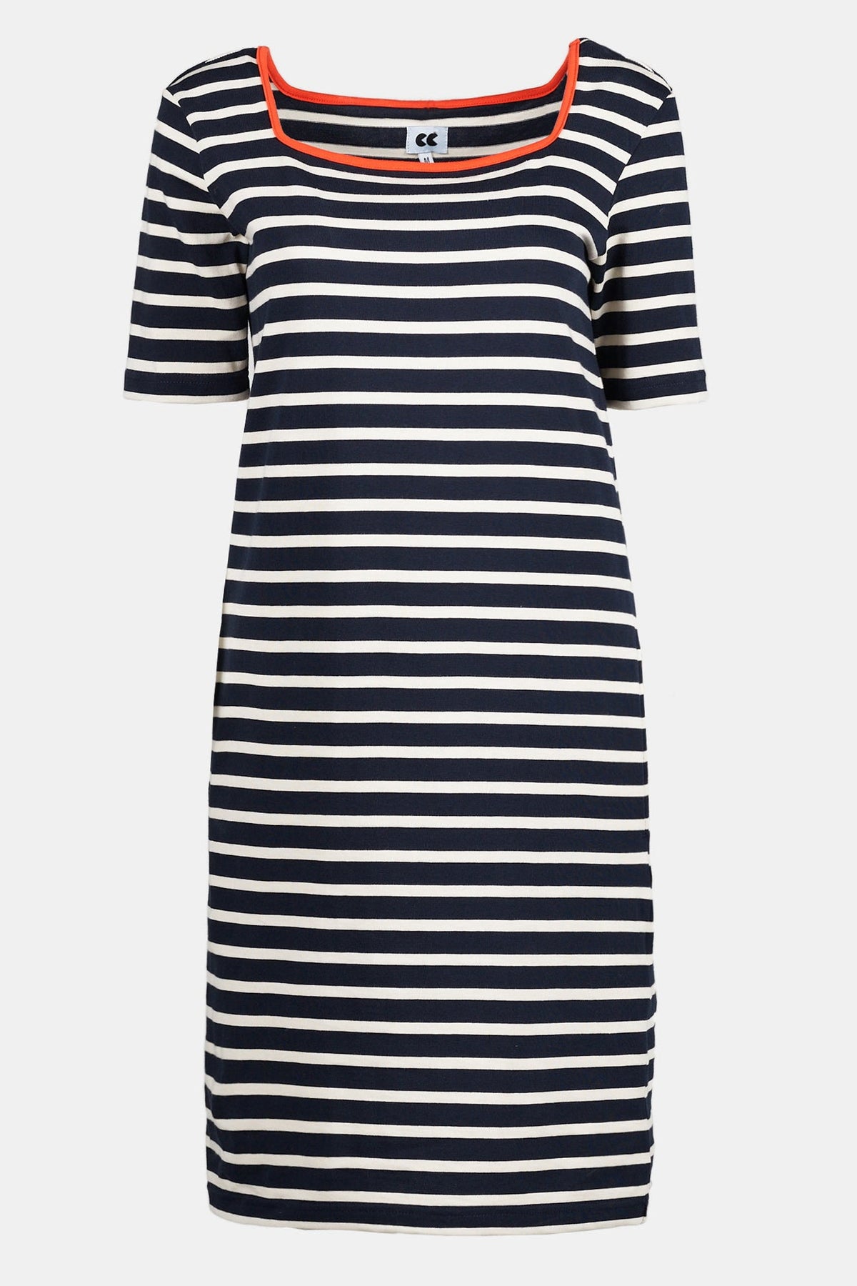 Flatlay of Breton dress in navy ecru stripe with flame binding round the neck