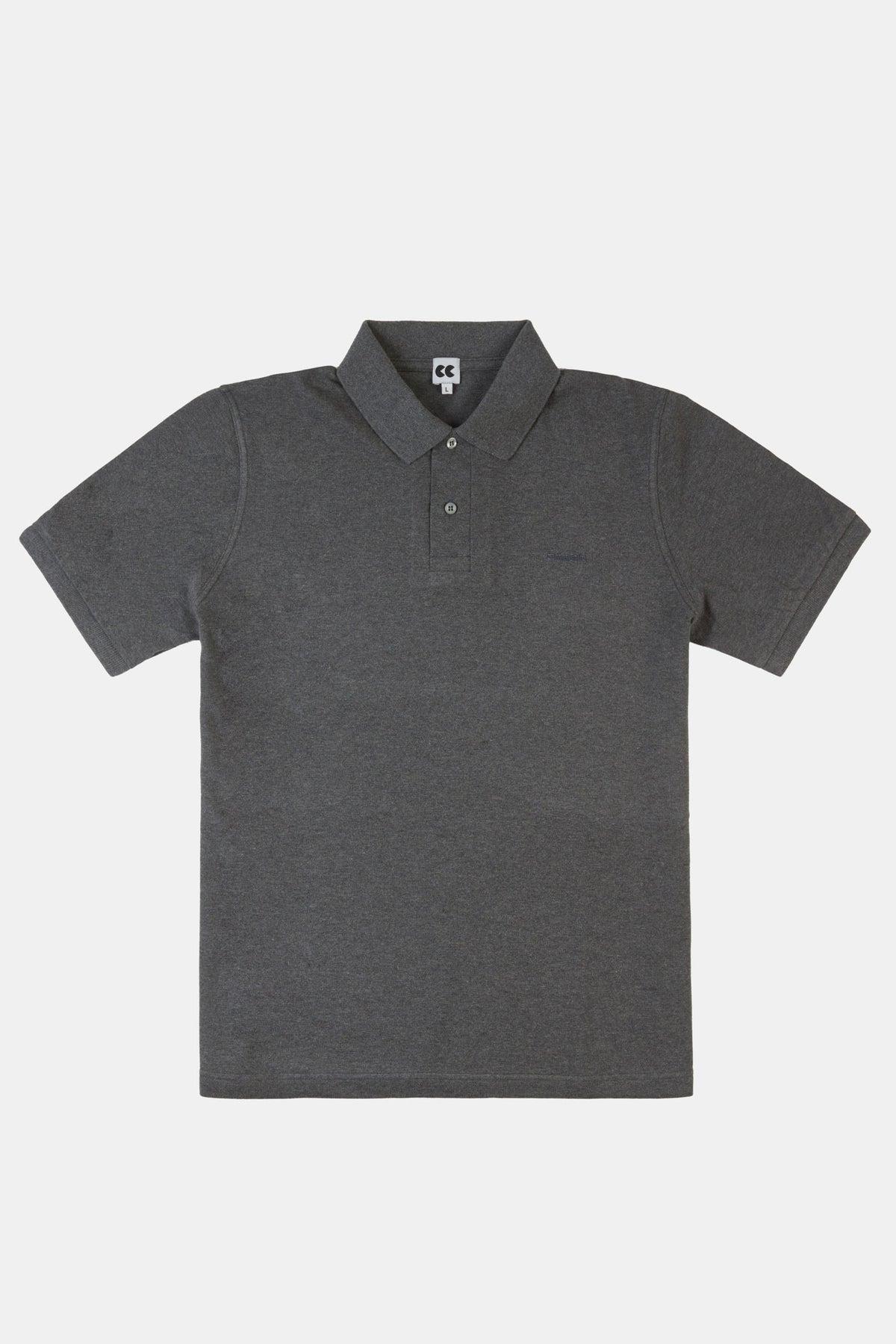 
            Flatlay product shot of short sleeved polo shirt in grey marl