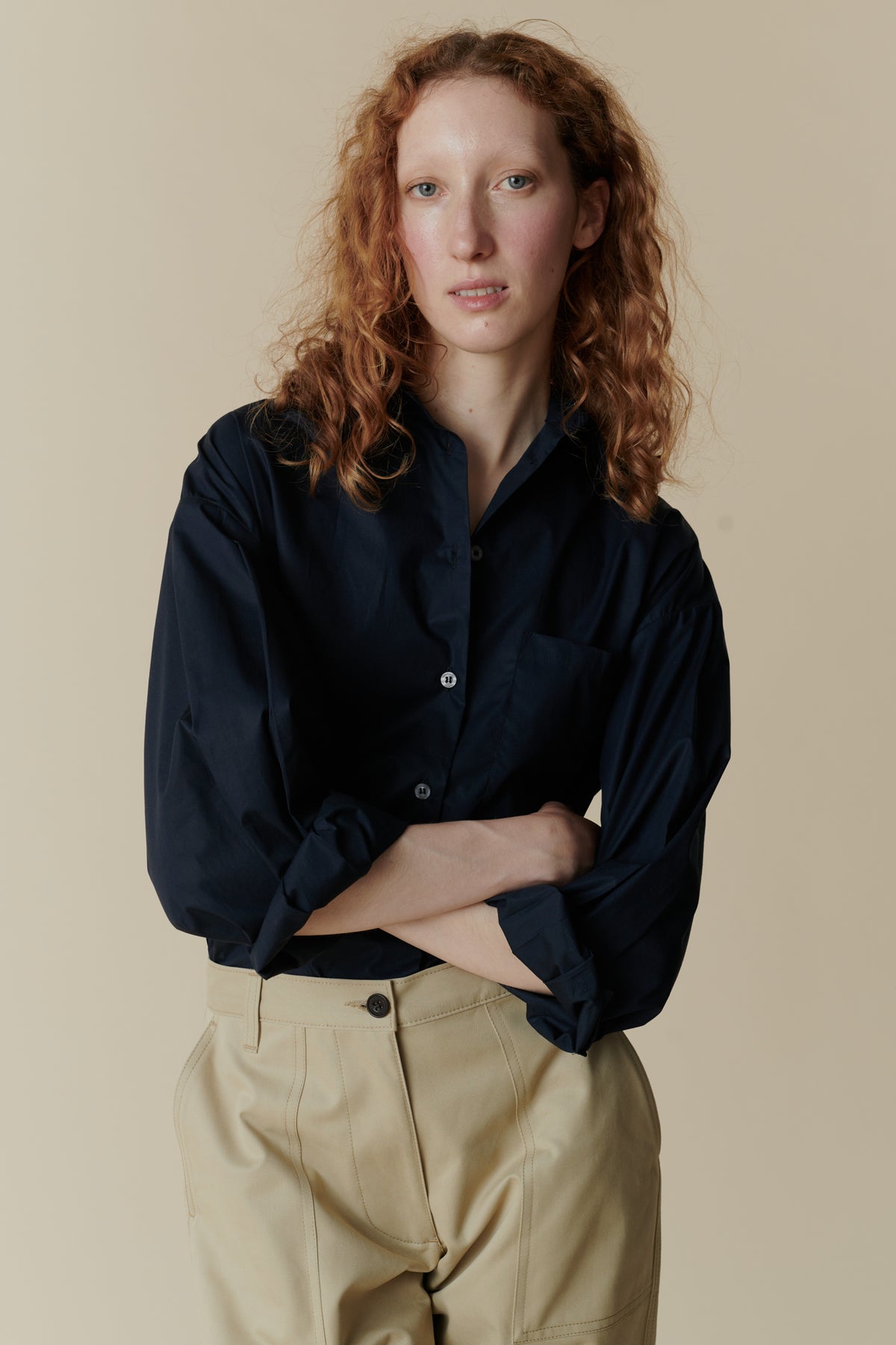 Front thigh up image of combat trousers in putty