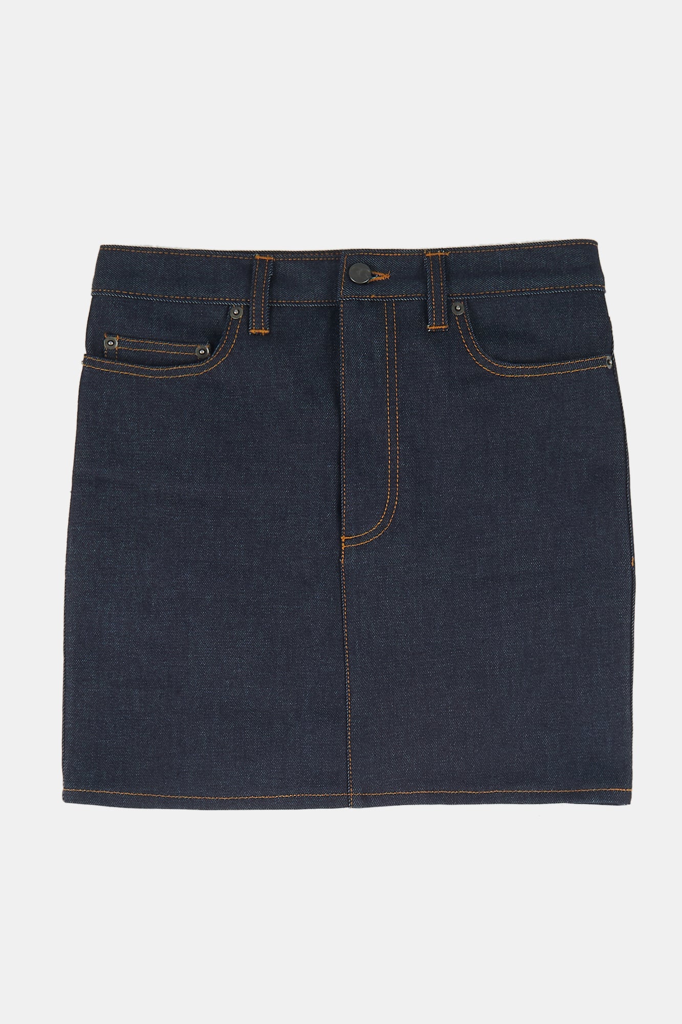Flatlay product shot of Charlie denim mini skirt in indigo