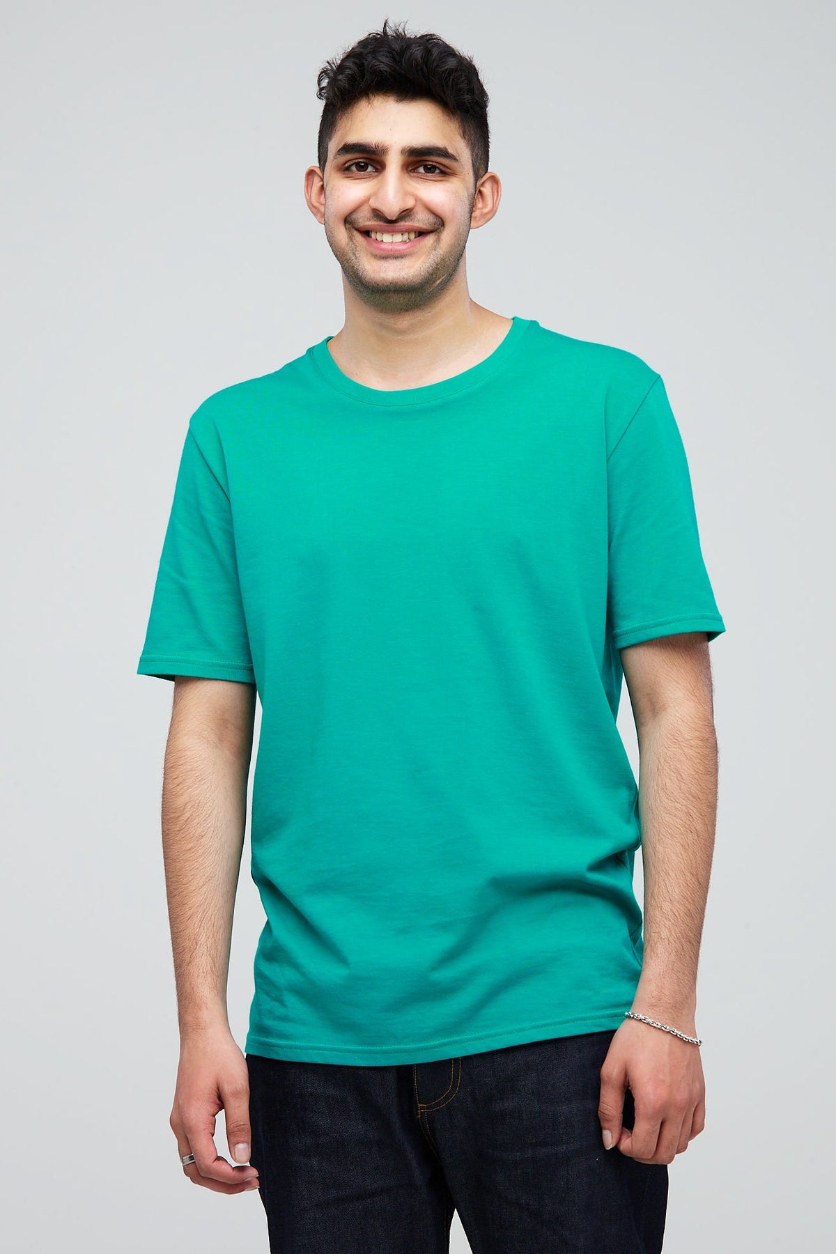 
            Thig up image of Asian male wearing Men&#39;s Short Sleeve T-Shirt Emerald - Community Clothing
