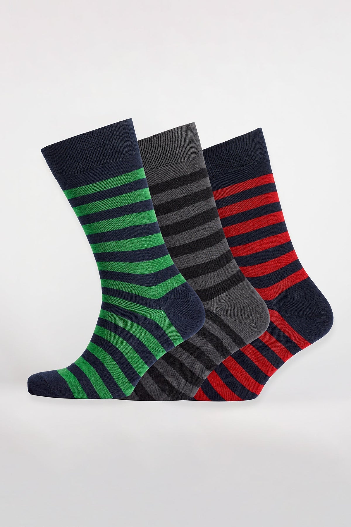 
            Mixed Everyday Cotton Sock Stripe 3 Pack - Green/Grey/Red