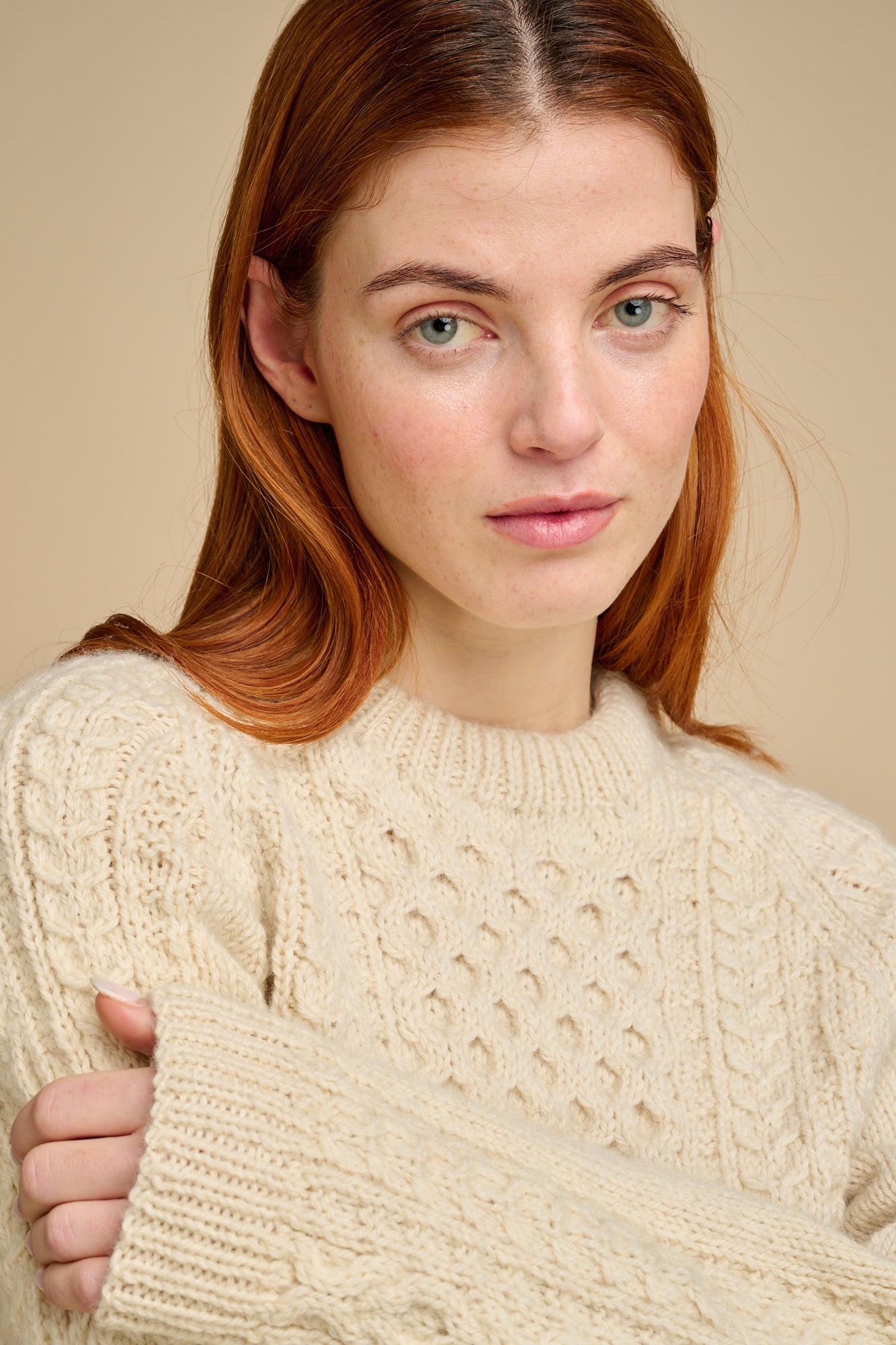 Womens Hand Knit Aran Sweater - Ecru