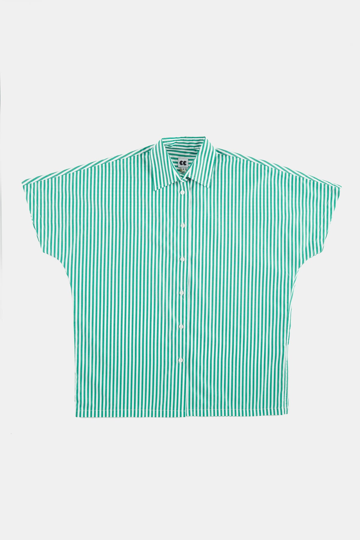 
            women&#39;s ava short sleeve shirt in green and white stripe flatlay