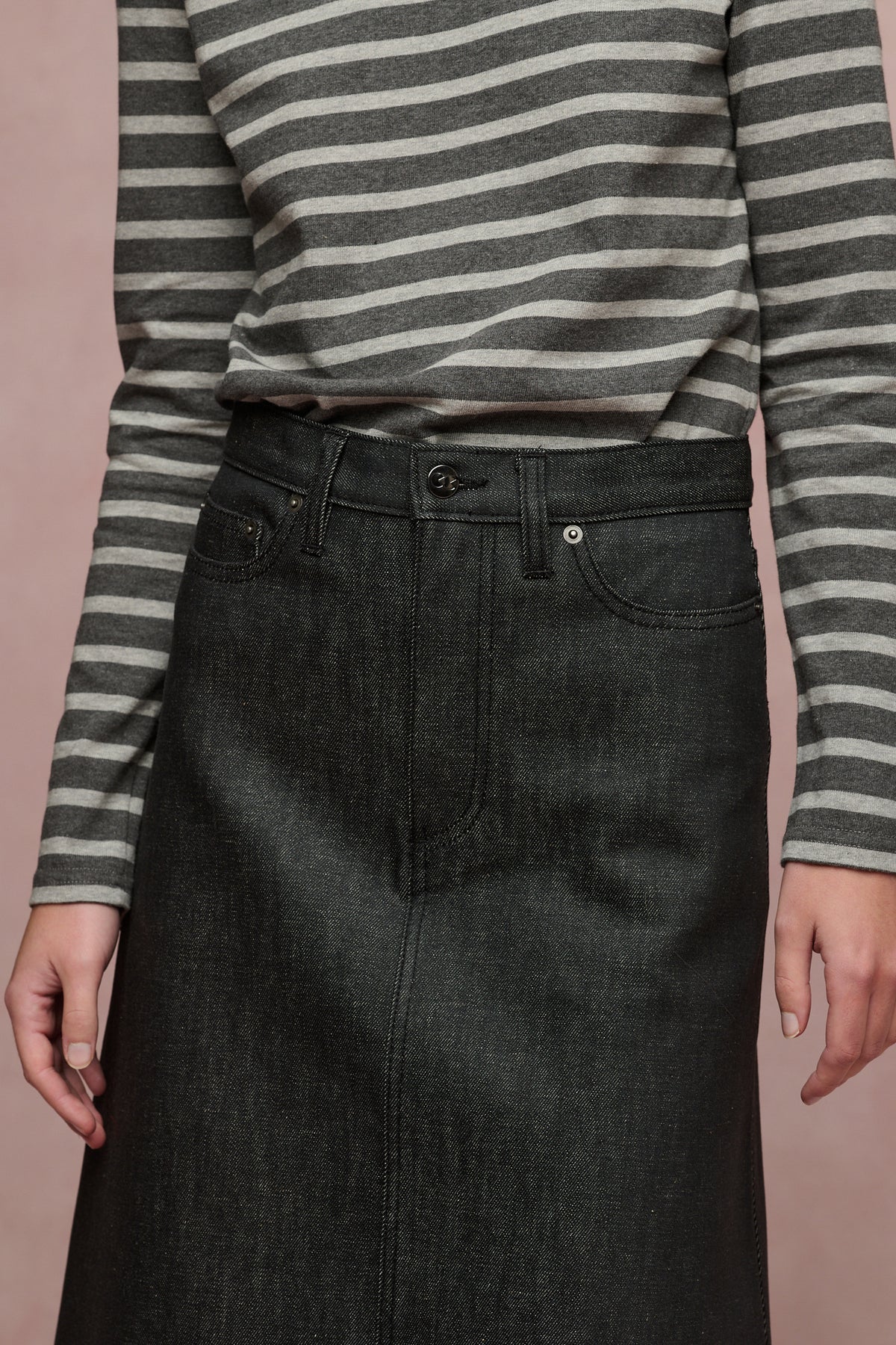 Front two pockets and coin pocket of bobbie a line midi skirt