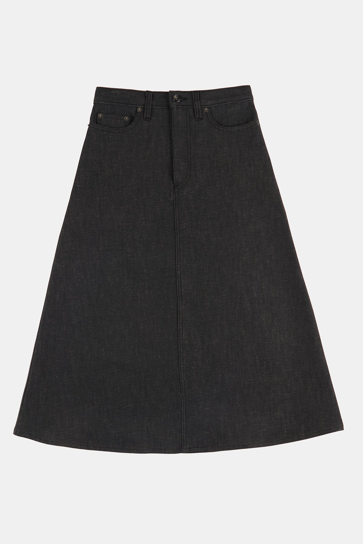Flatlay product shot of women's Bobbie denim A Line Skirt in black