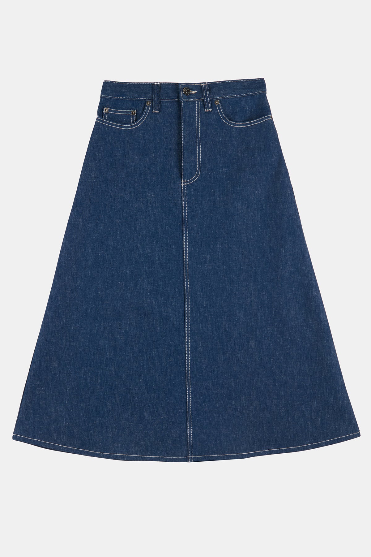Flatlay product shot of women's Bobbie Denim A Line Skirt with contrast stitching