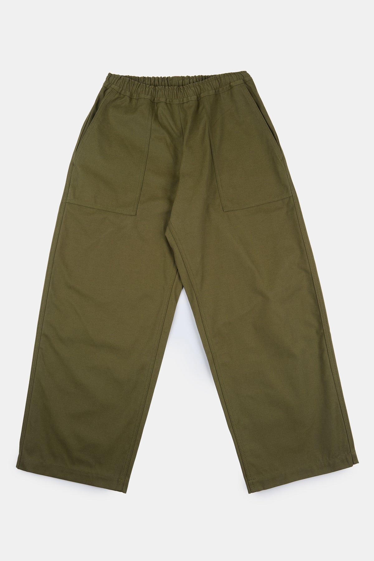 Flatlay shot of women's camerawoman drawstring tapered cotton canvas trousers in olive