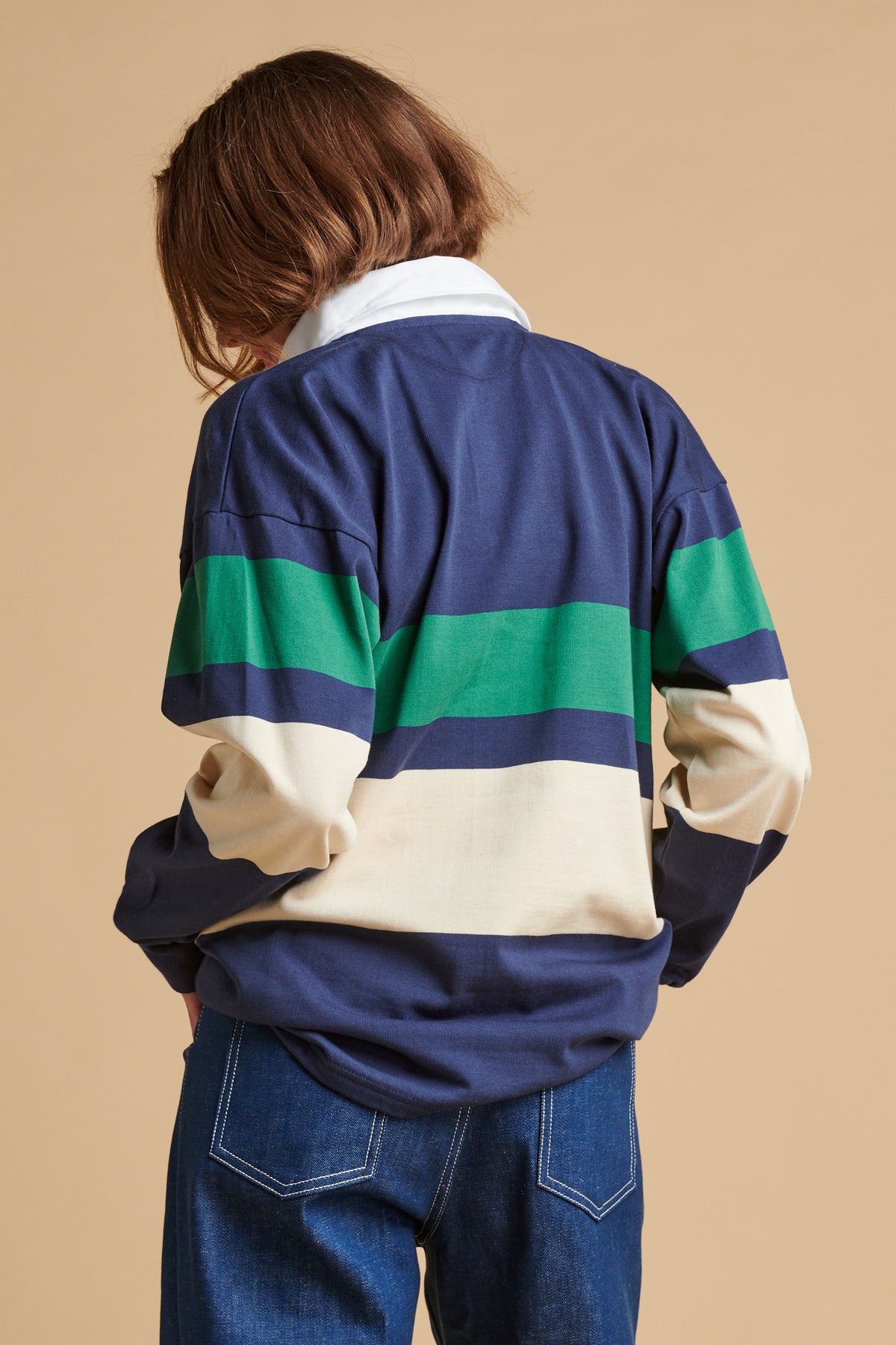 Chest Striped Rugby Shirt - Navy/Ecru/Bottle Green