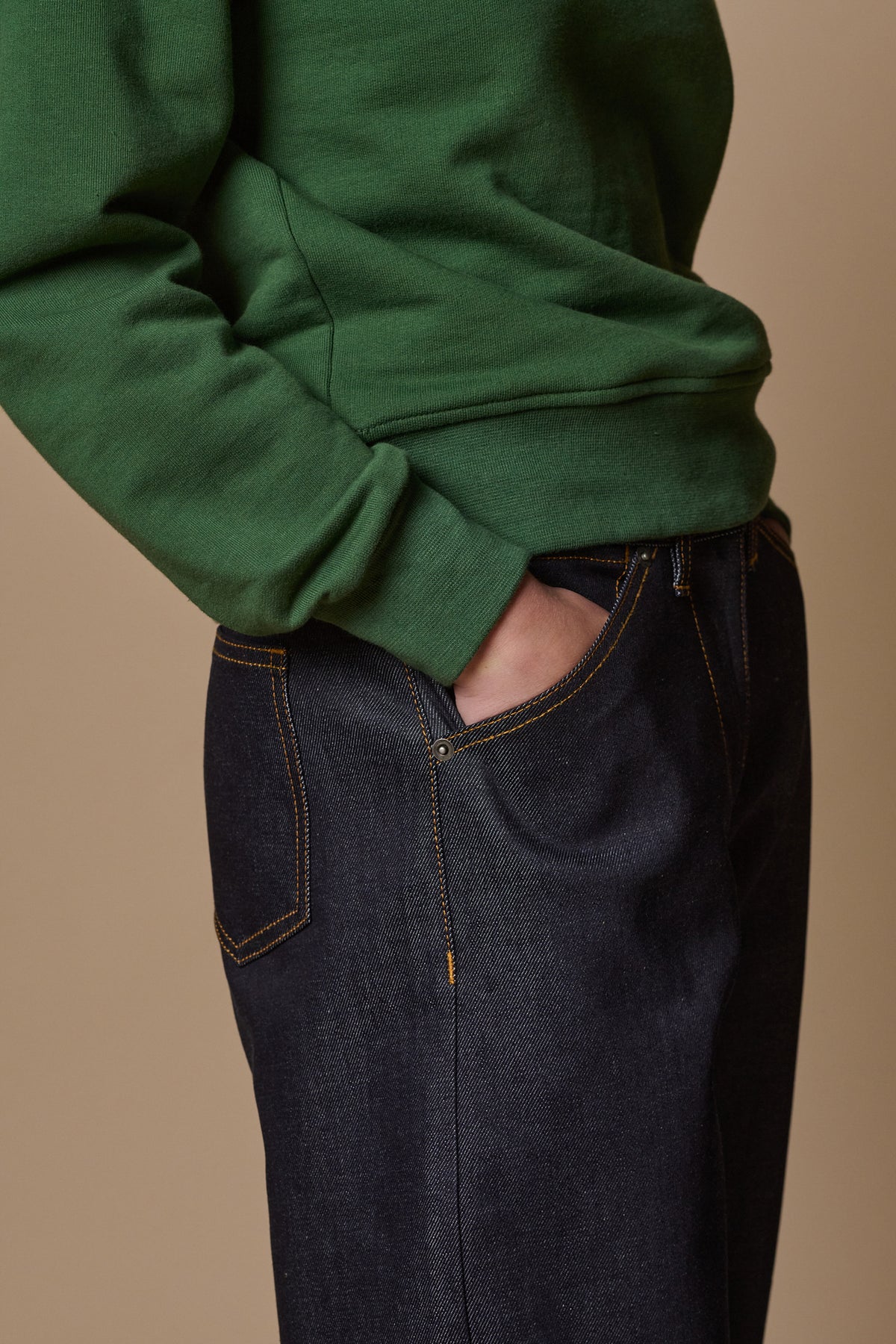 Front pocket detail of chore jeans in indigo