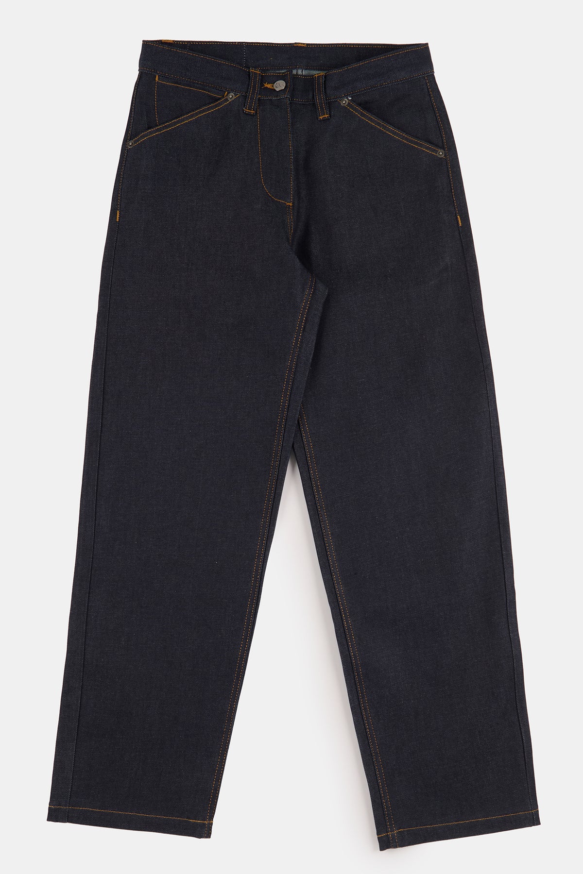 Flatlay product shot of women's chore wide tapered jean in indigo